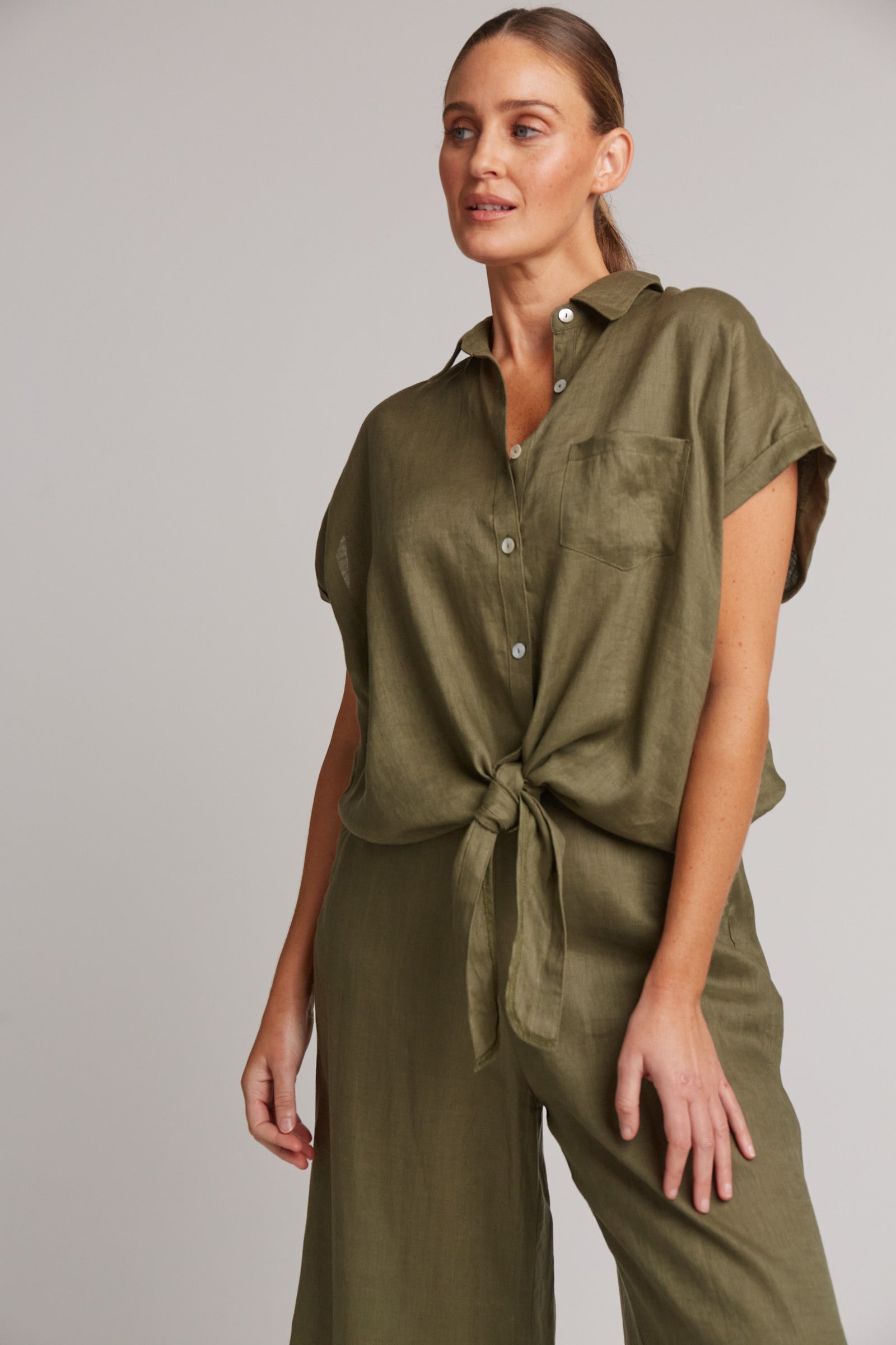 women classic shirt with tie front and pocket khaki green