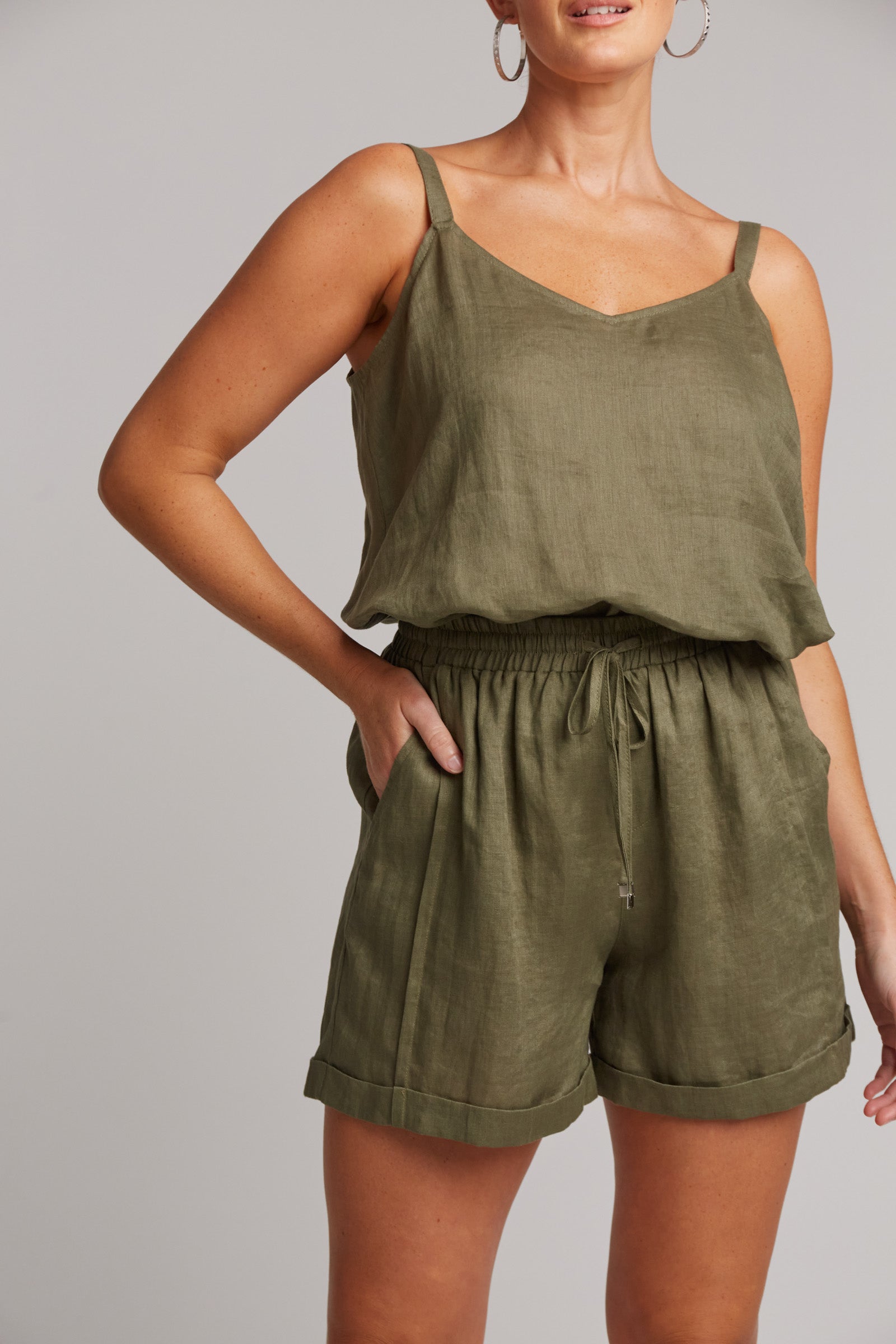 green khaki linen shorts elastic waist tie front ladies