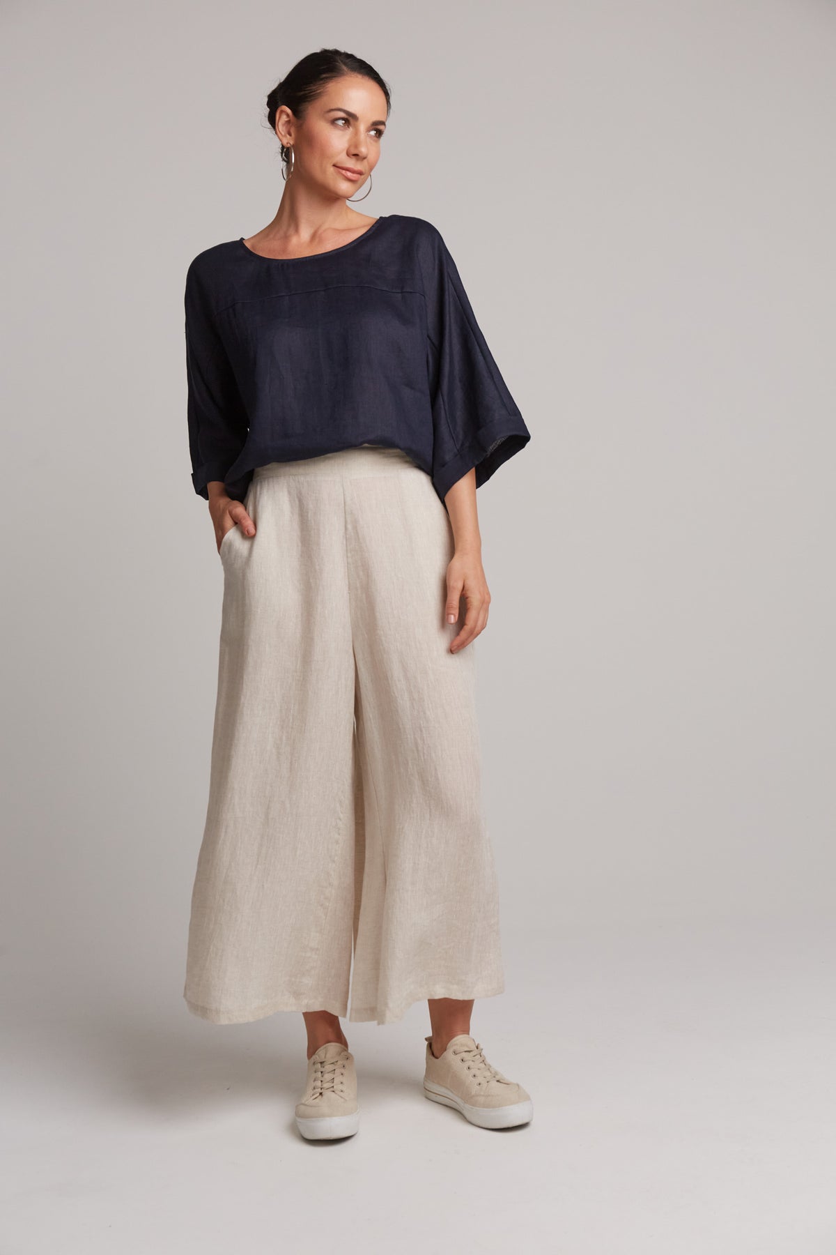 Studio linen crop pant in tusk beige natural by eb&amp;ive