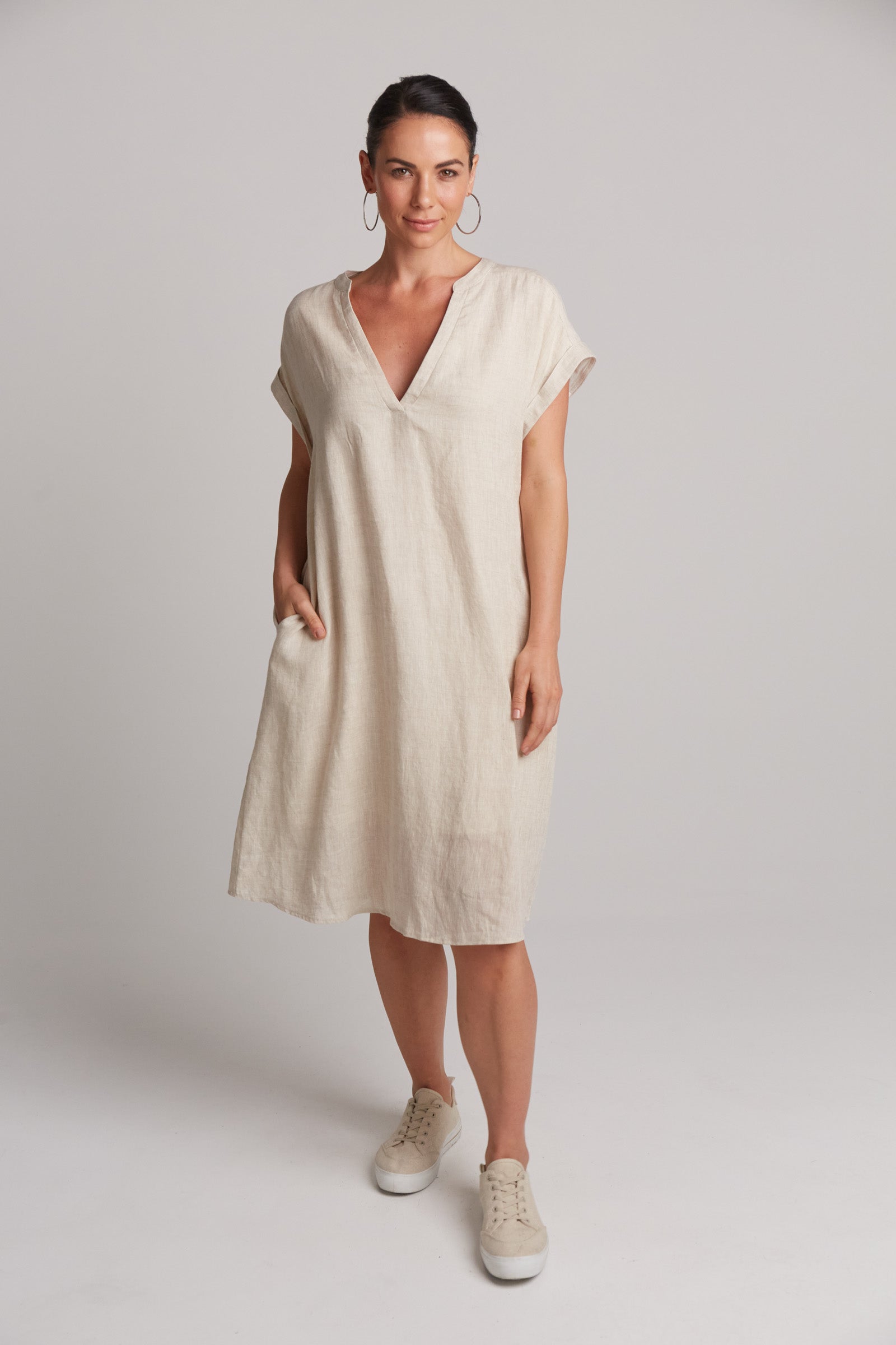 eb&ive Linen Studio dress in khaki green midi length  