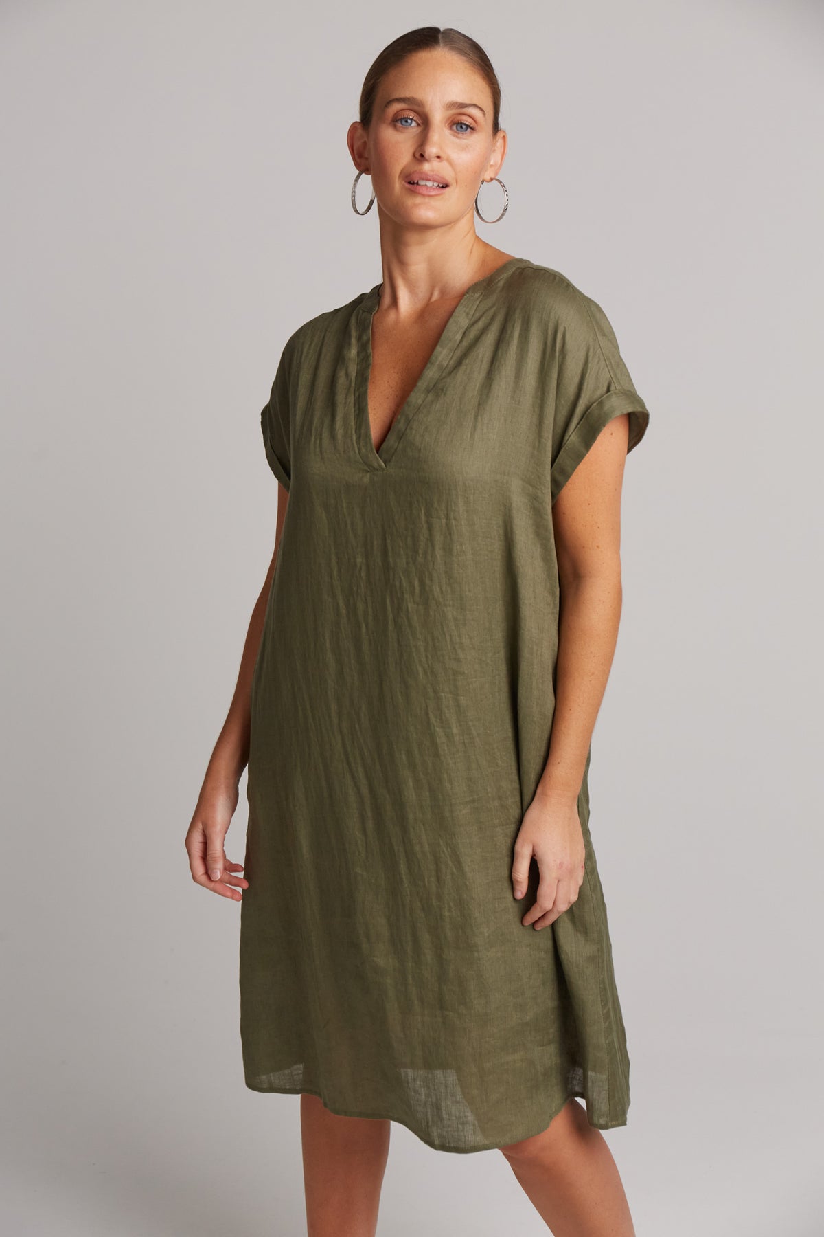 eb&amp;ive Linen Studio dress in khaki green midi length  