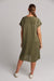 back of V-Neck khaki studio dress just below knee 