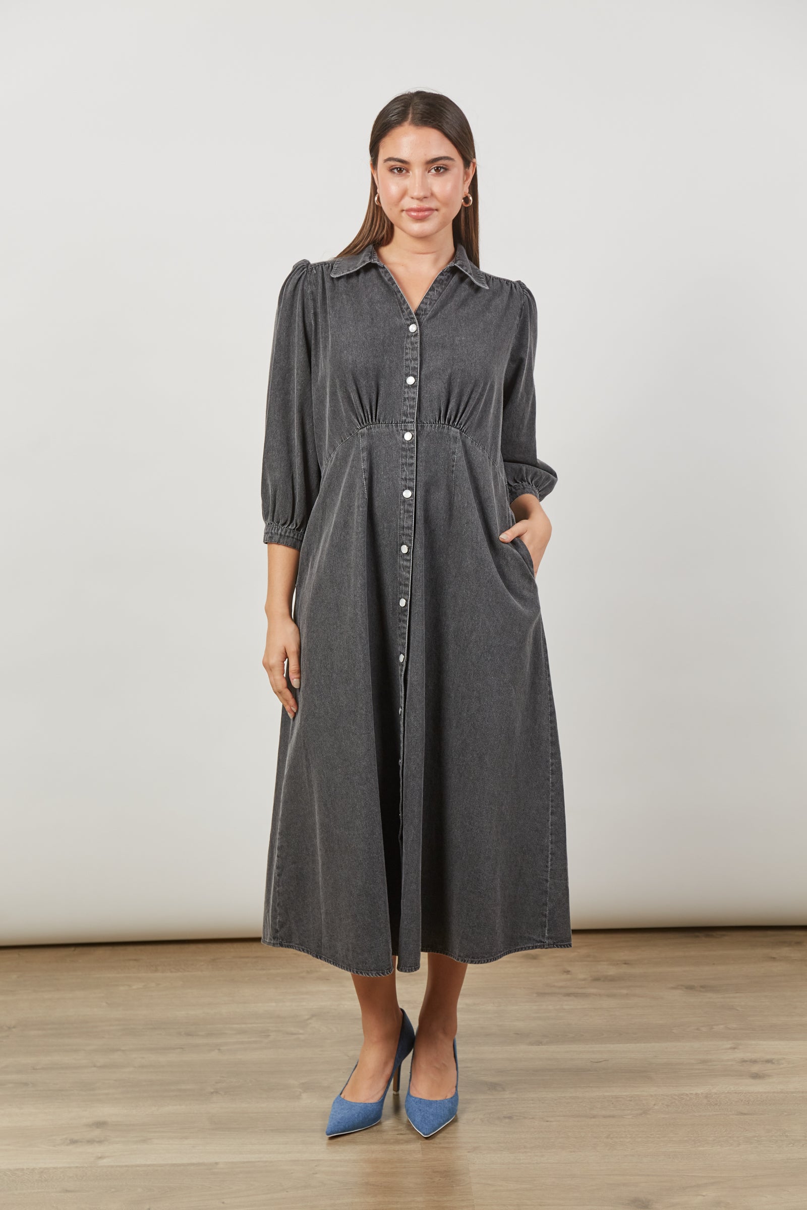 Front View of the Ash Grey Urban Denim Maxi Dress from isle of Mine. Front Pockets, 3/4 sleeves