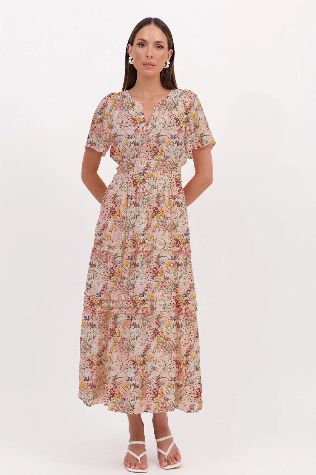 Adorne maxi Eliana Belfast print Dress in multi with tiered skirt, v-neck, short sleeves and tired detailing on skirt.