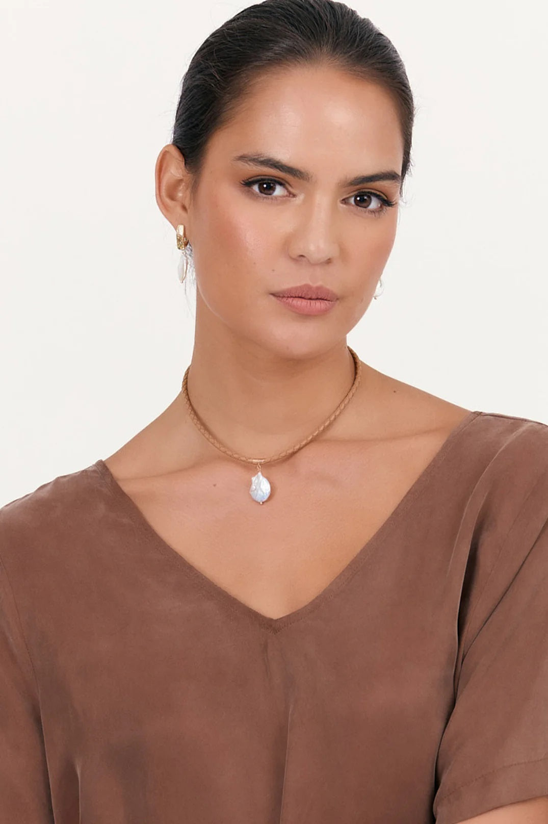 Adorne's Nude / Beige / Natural plaited necklace with pearl drop charm, short length. 