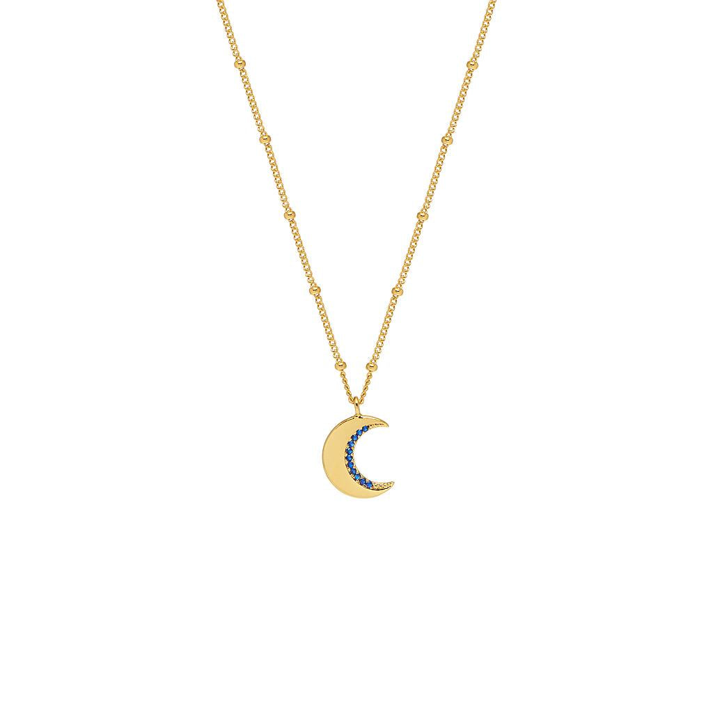 Estella Bartlett Moon Necklace with Blue Gems, beads on Chain and gold plating. 