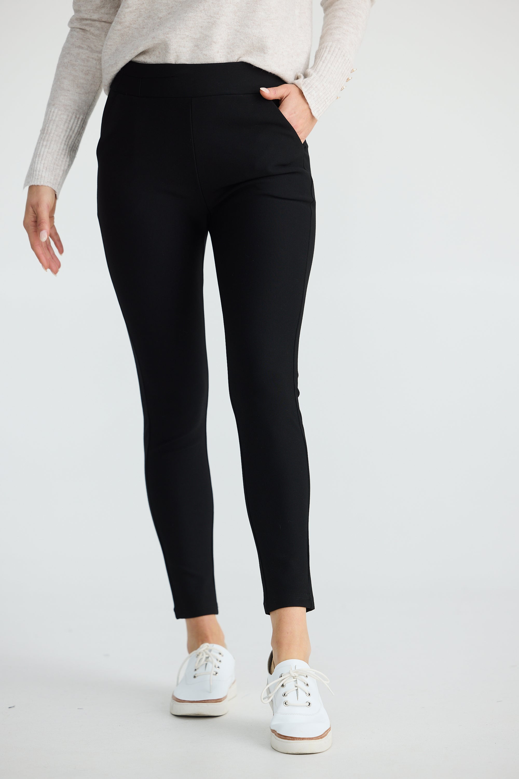 Brave+True Stretch Pilot Pants in Black with pull on style and pockets.