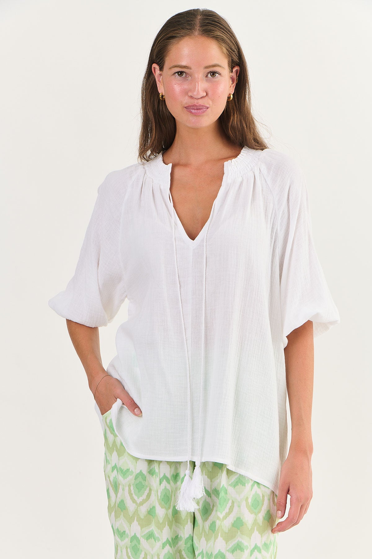 Cotton V-Neck White tassel top by Namastai.