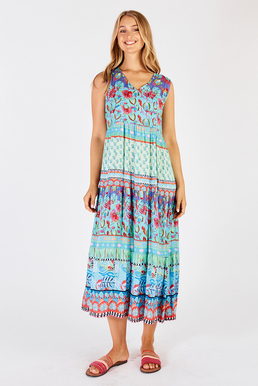 Ladies Elisie Sleeveless maxi Dress in blue red and green with v-neck by LulaLife.