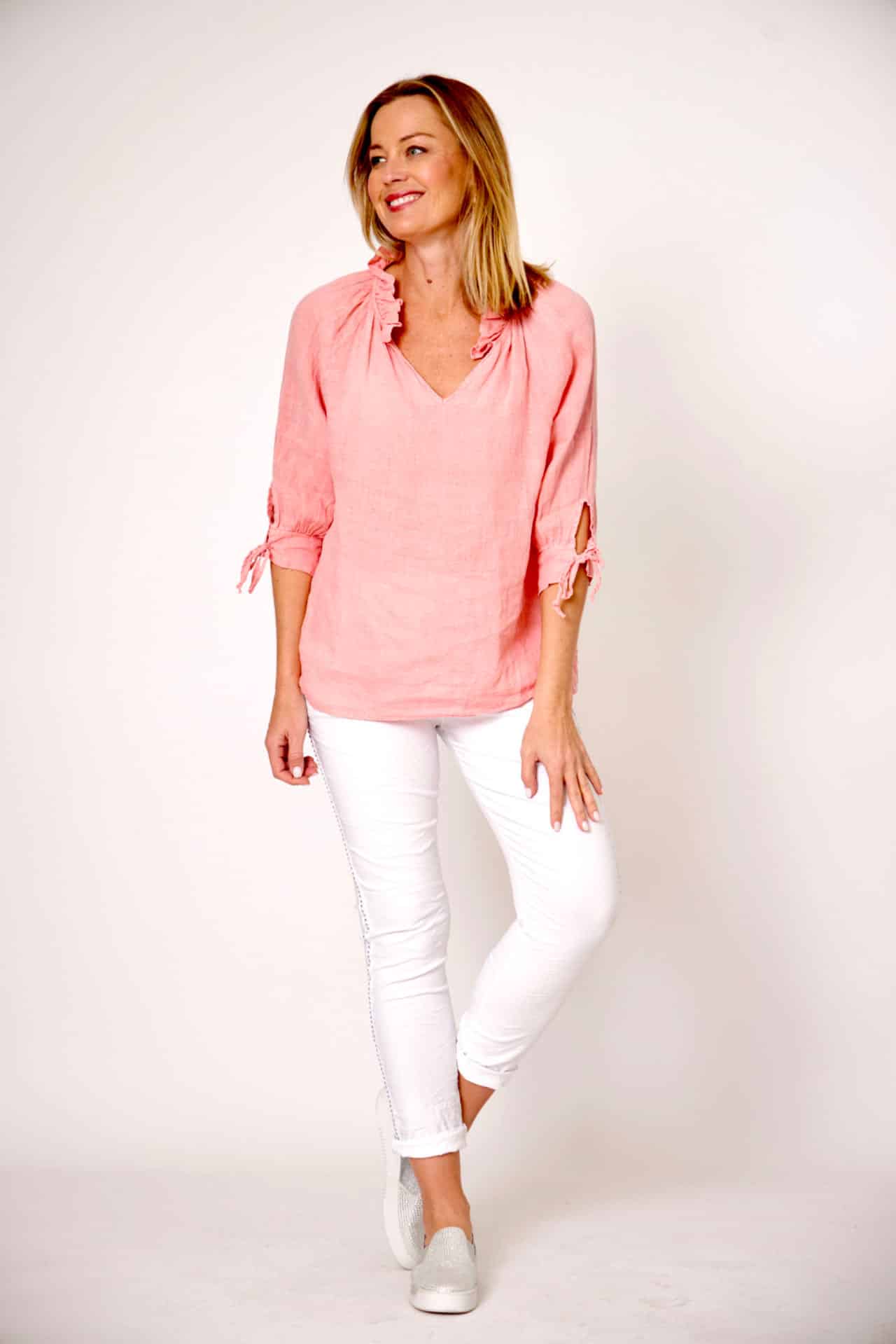 Linen Frill V Neck Top