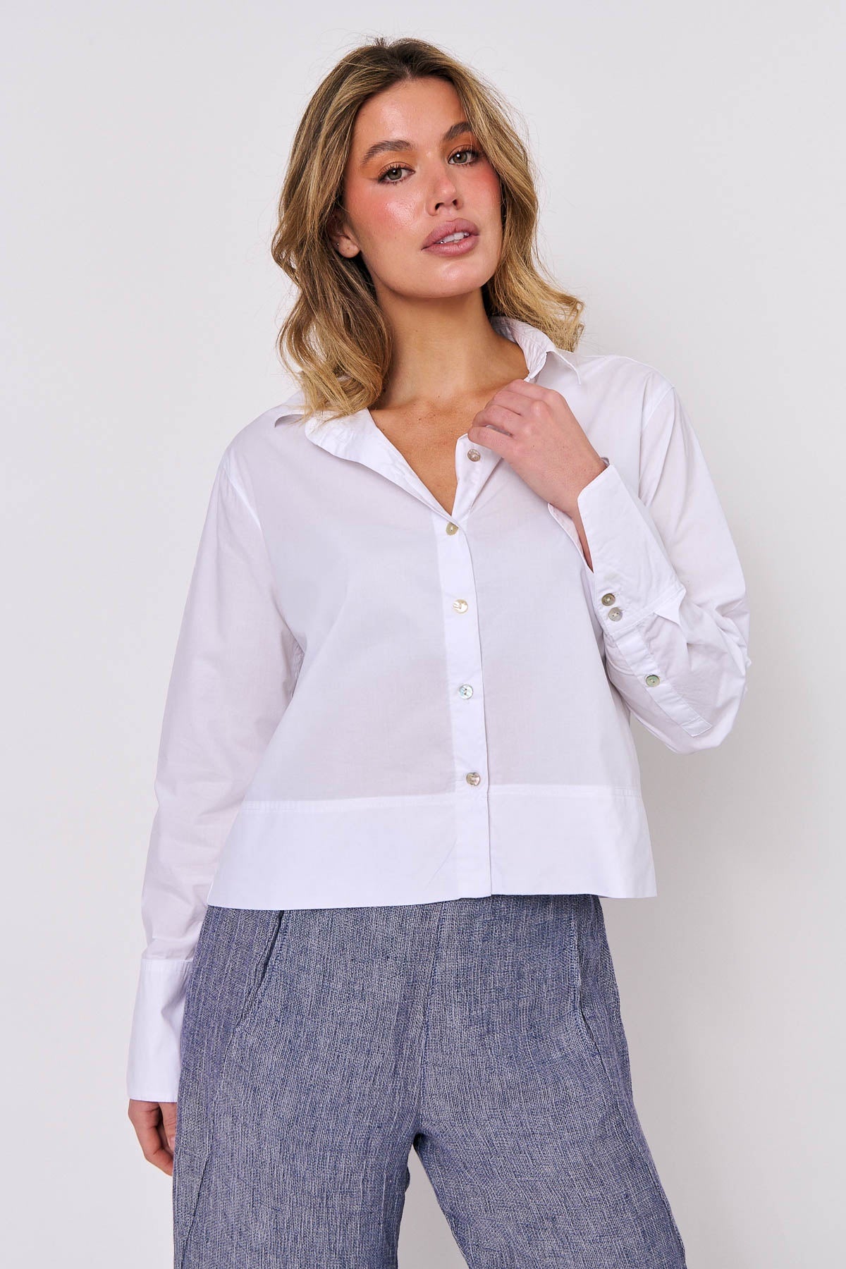 Naturals by O&amp;J Straight Hem White Ladies Shirt with button up front, button cuffs and classic collar.