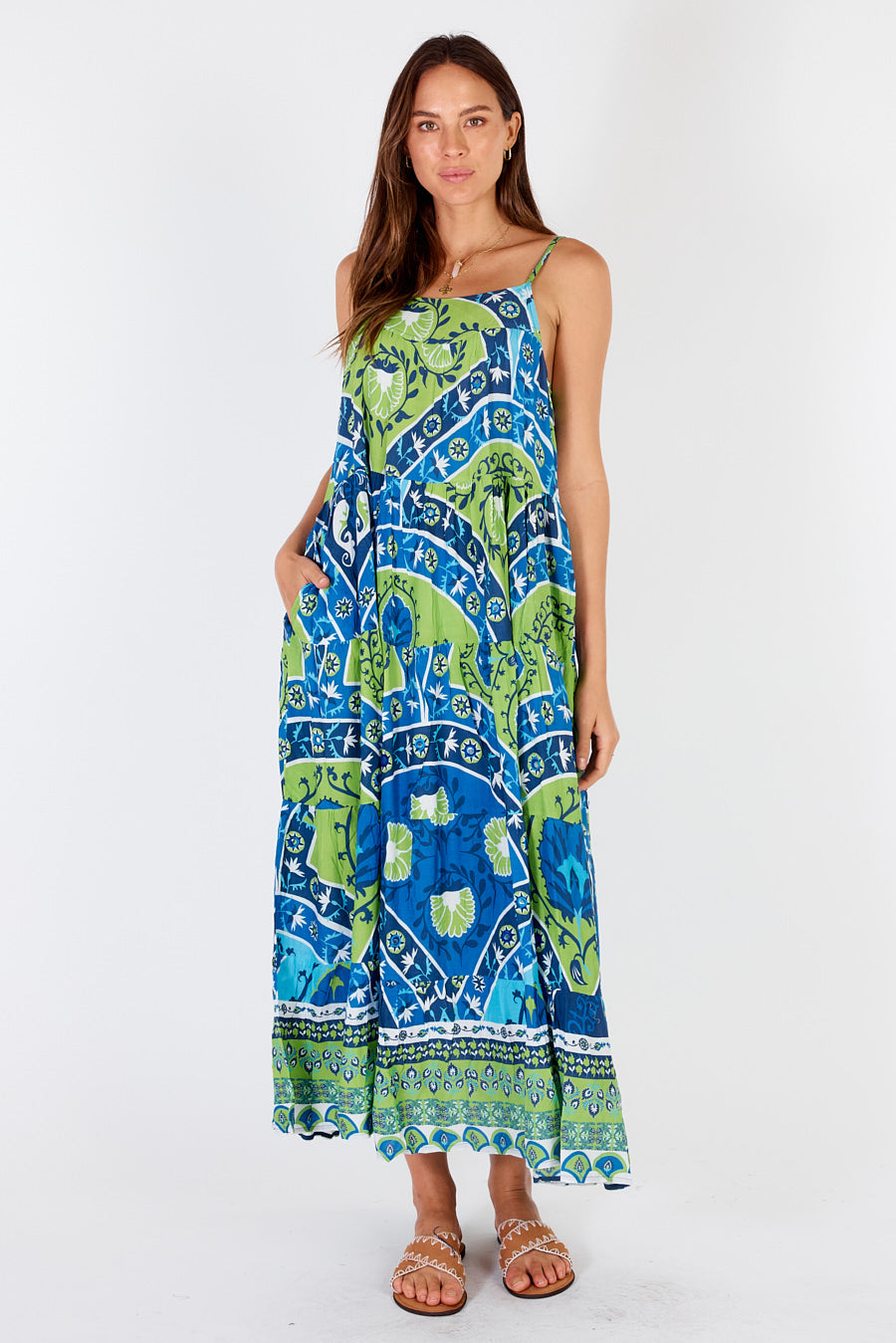 Ariba Sundress with adjustable straps, relaxed fit, pockets and a contrasting hem print by Rubyyaya.