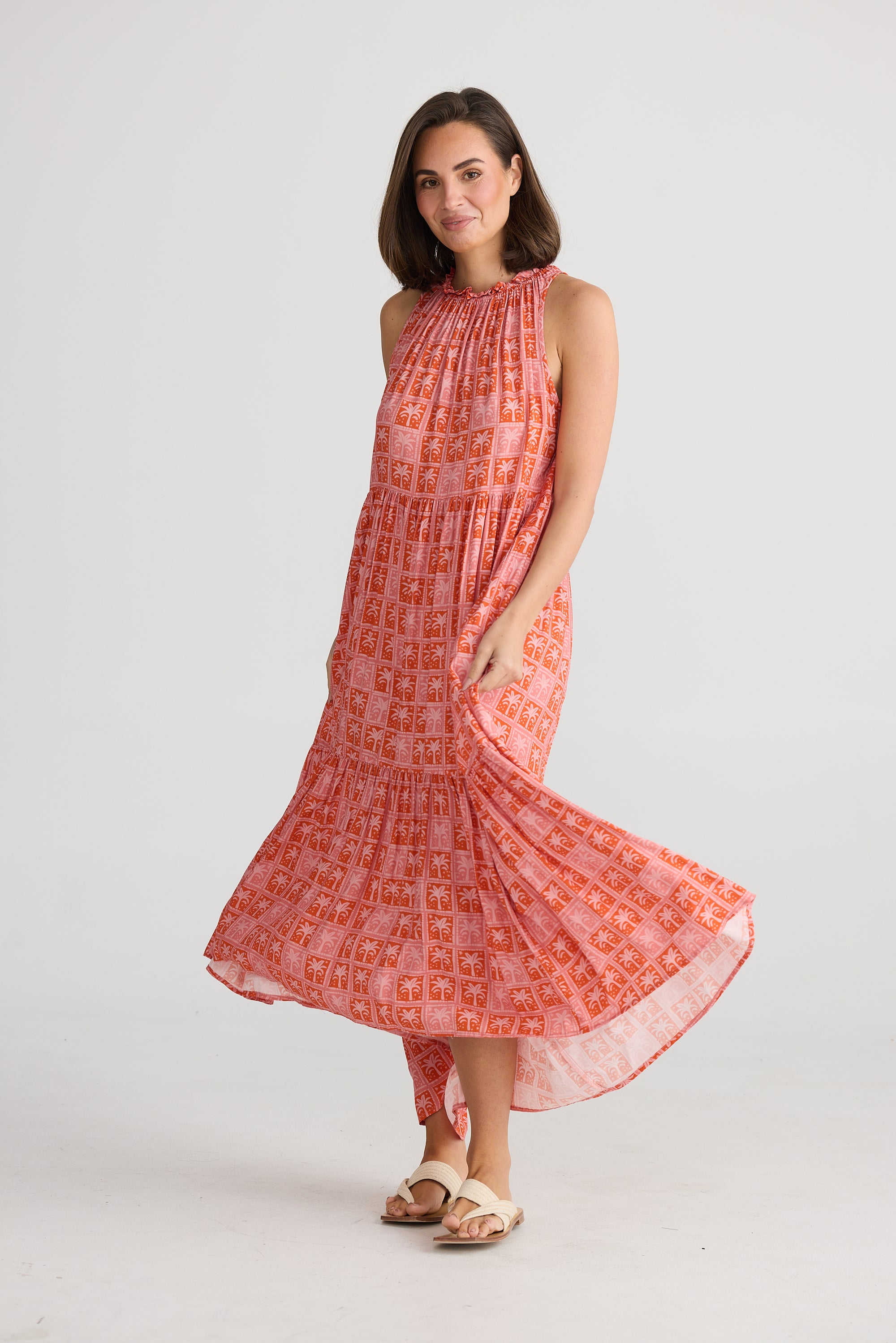 ladies Pink and red palm print sleeveless maxi dress by Holiday.