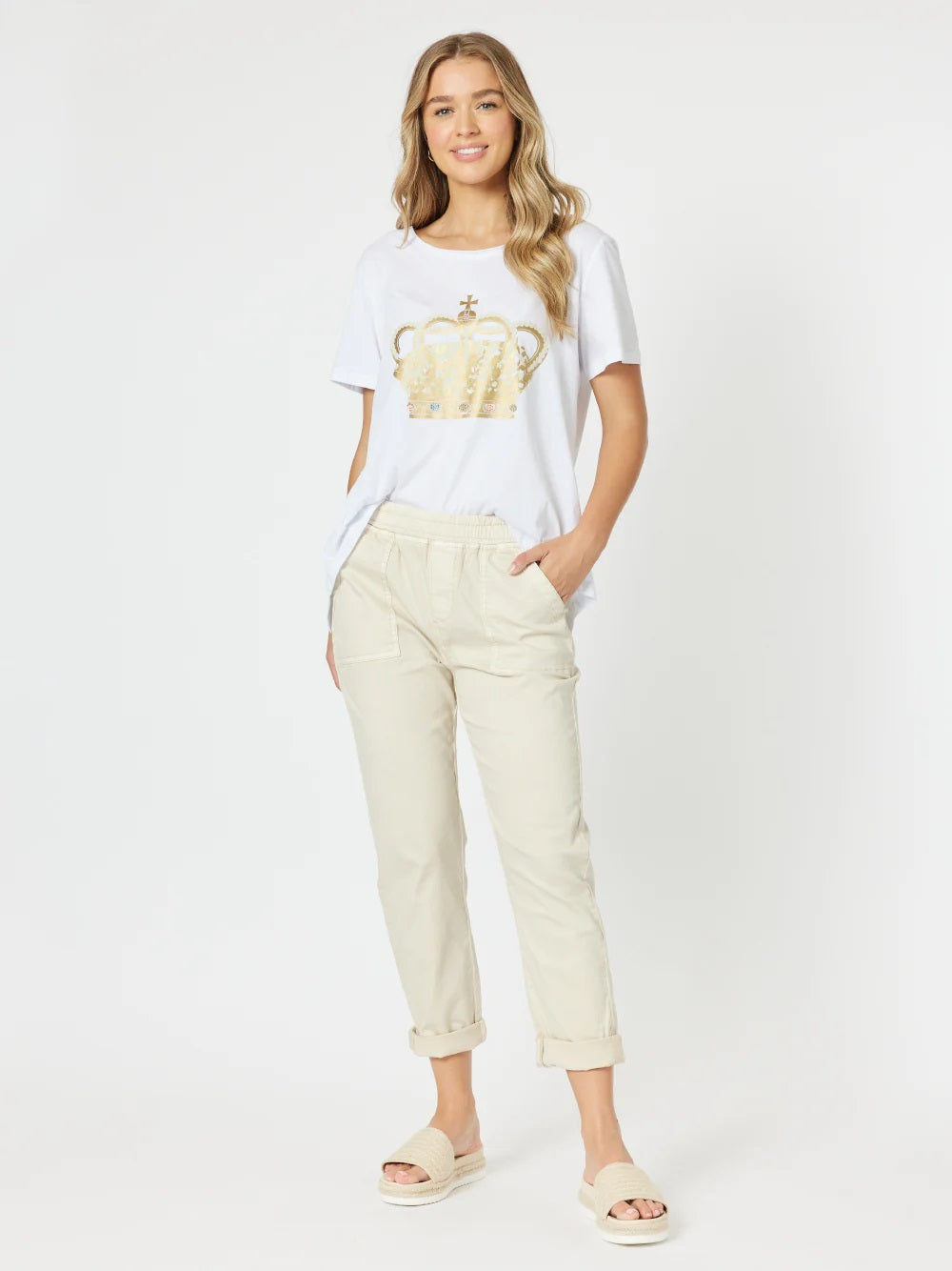 Threadz Isabella Cotton Pants in Natural with elasticated waist and pockets.