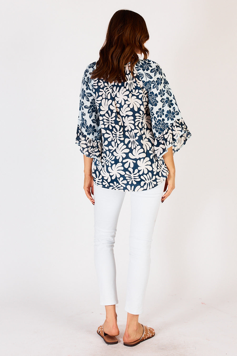 Blue and White Mia Top with floral and swirl print, relaxed fit in a light summer cotton by LulaLife. 