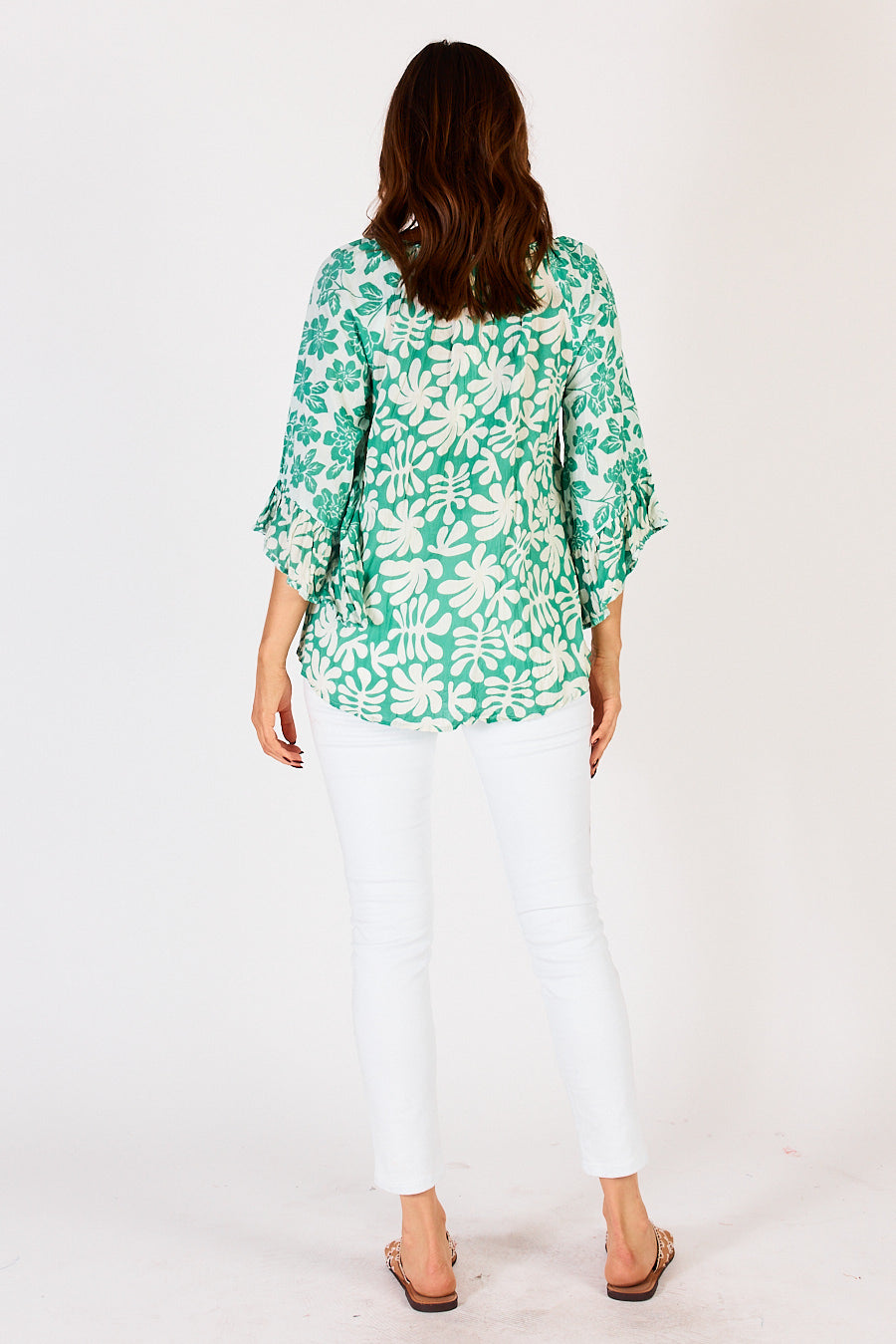 Green and White Mia Top with floral and swirl print, relaxed fit in a light summer cotton by LulaLife.