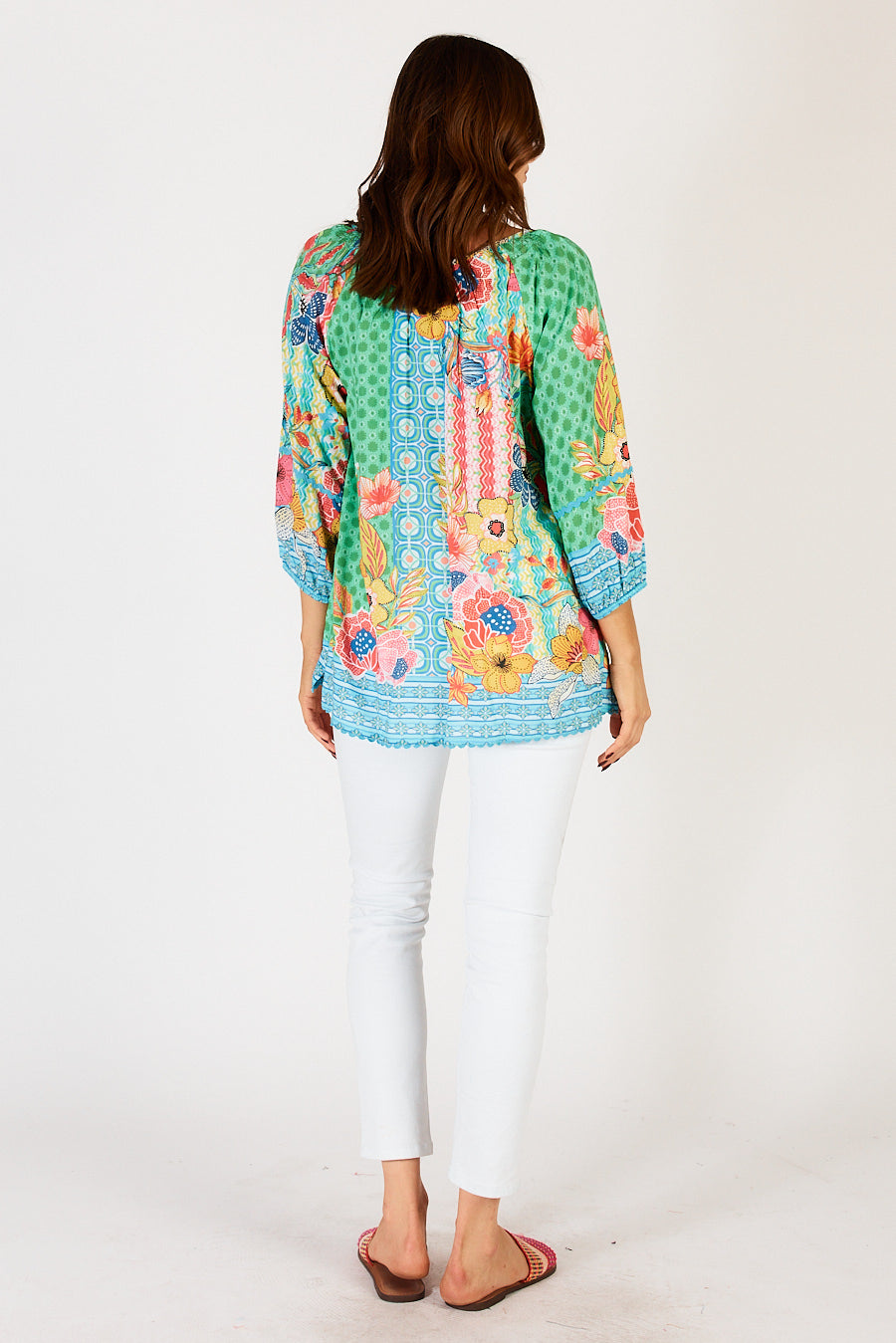 Back of women's Miranda top in Sea, with a straight hem, relaxed fit and in green, blue, pink  and yellow from LulaLife.