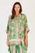 Women's pink green kaftan shirt with collar and button up front in leaf botanical print.