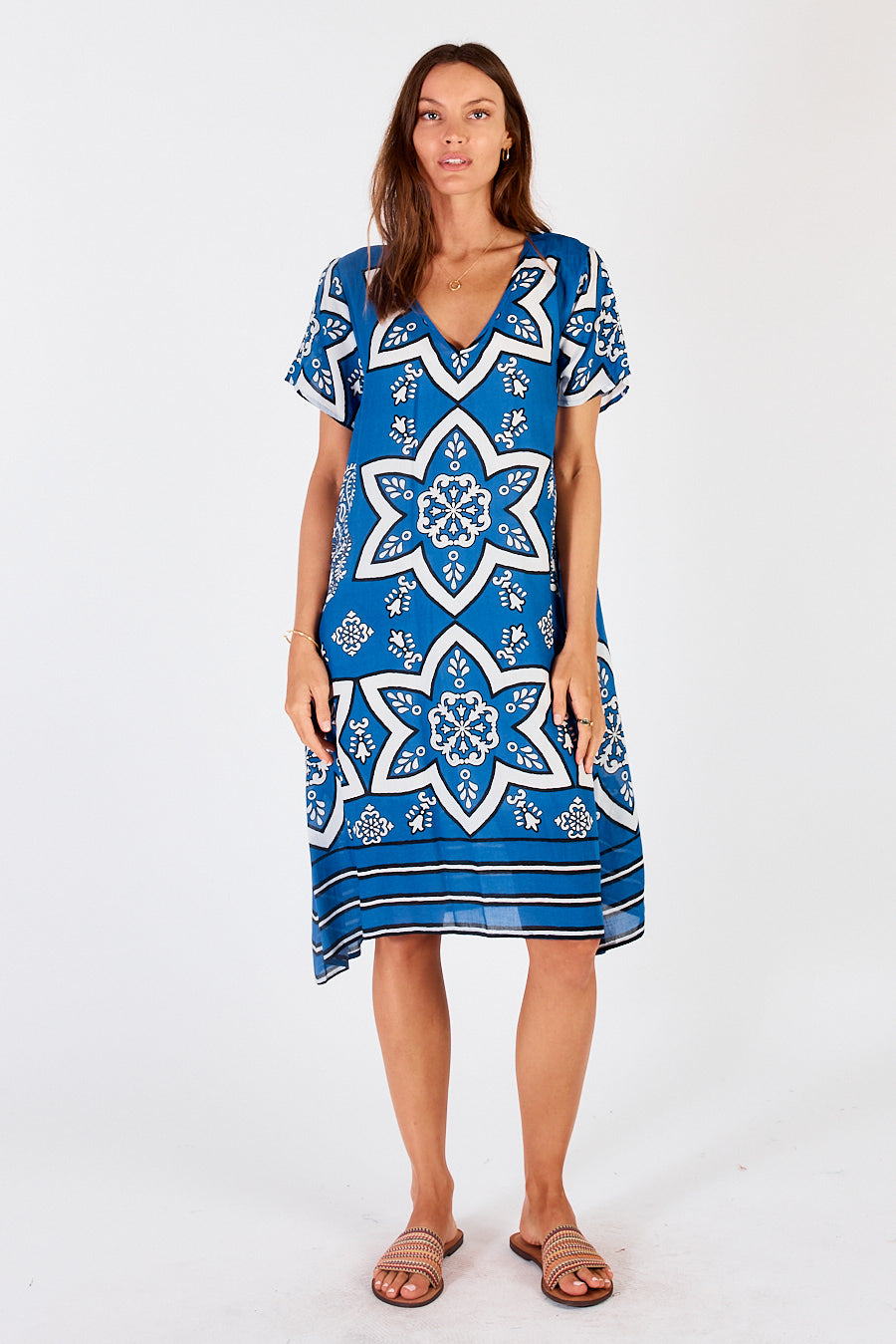 Blue and White star print midi dress with v-neck, short sleeves and relaxed fit by LulaSoul.