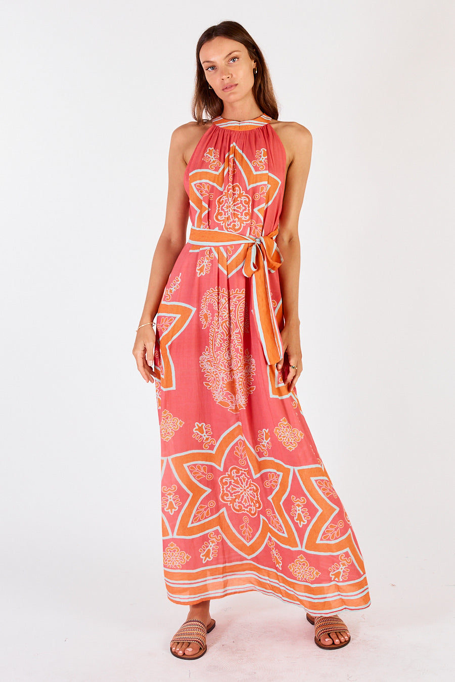 Monaco Sleeveless maxi dress in Geranium (pink and orange) Star Print by LulaSoul.