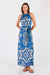 Ladies Sleeveless Maxi Dress with a star print in blue and white with a removable belt.