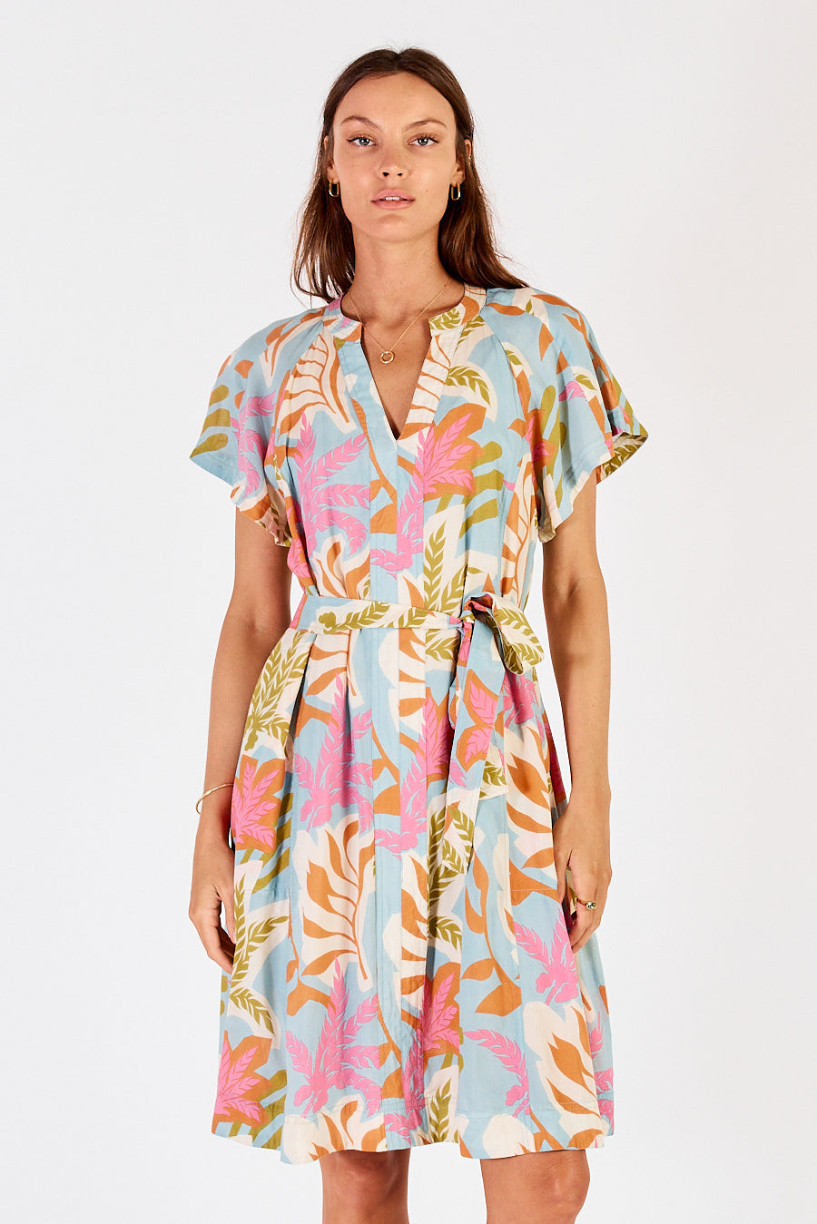 Lulasoul Portabella Midi Dress in Cloud a Pink, blue, white and orange floral dress.