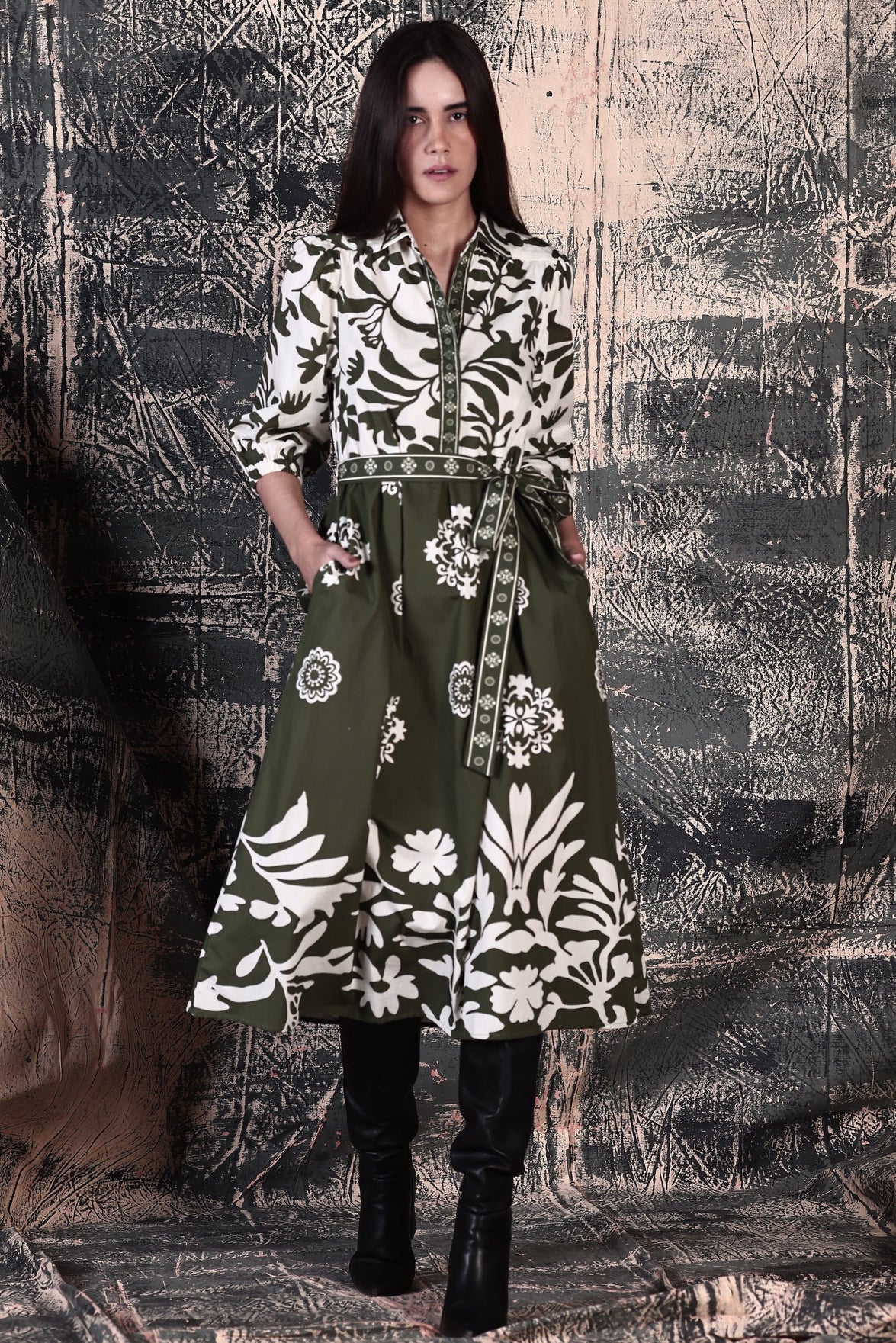 Maude Vivante Remi Midi Dress in Olive Green Foliage, with button up to the waist and a fabric tie belt. 