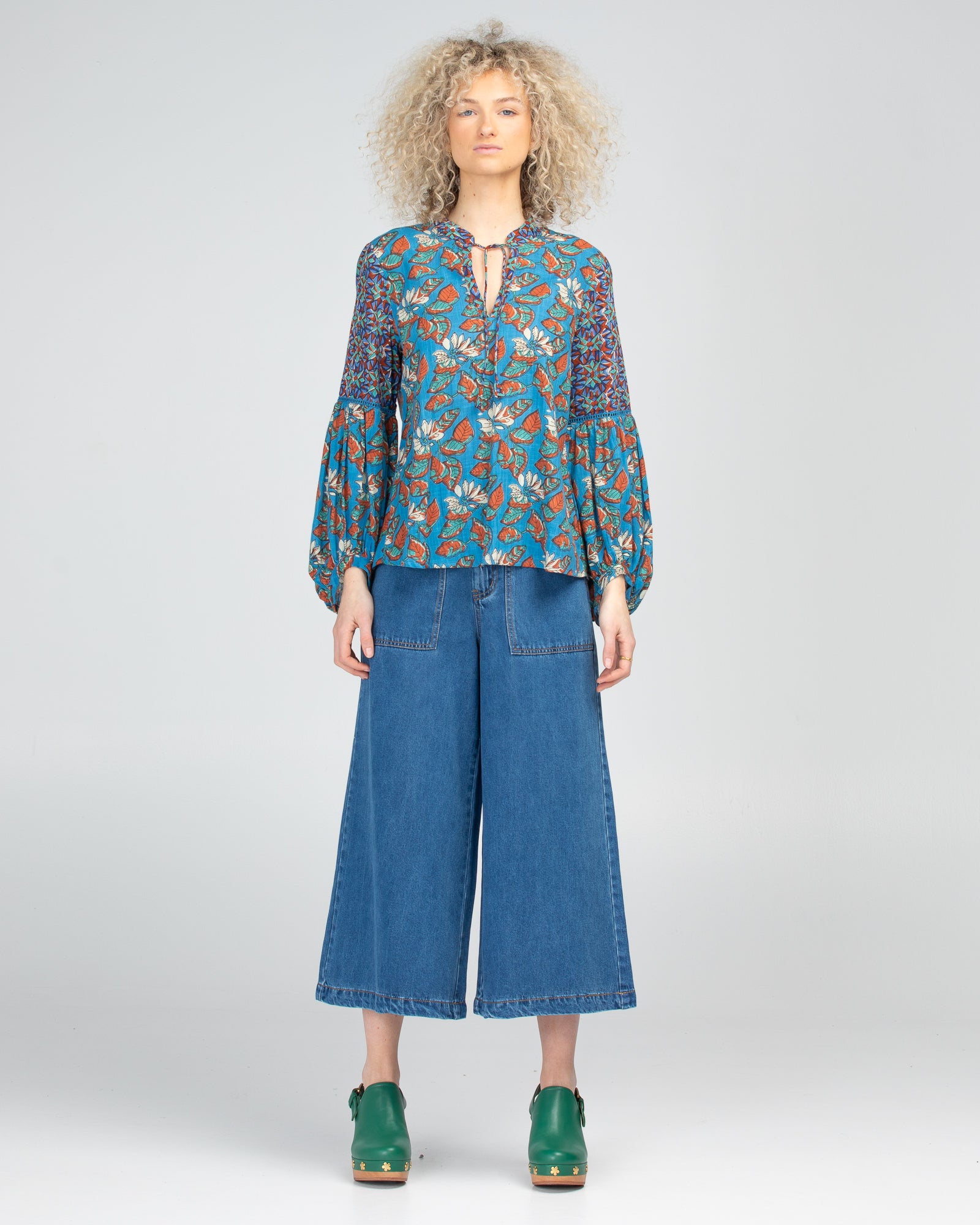 Women's Mittee Top in Splice Lettie Multi floral and geometric prints in blues by Boom Shankar.