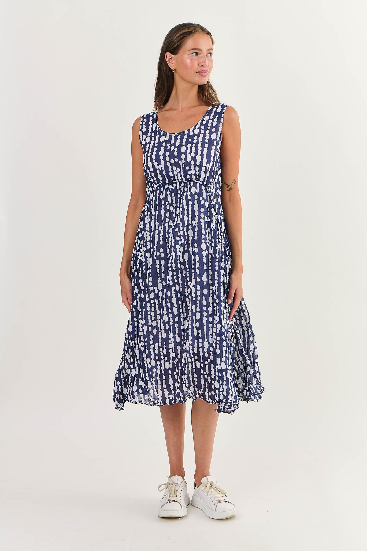 Namastai Starlight Midi Dress in Blue and White Dots.