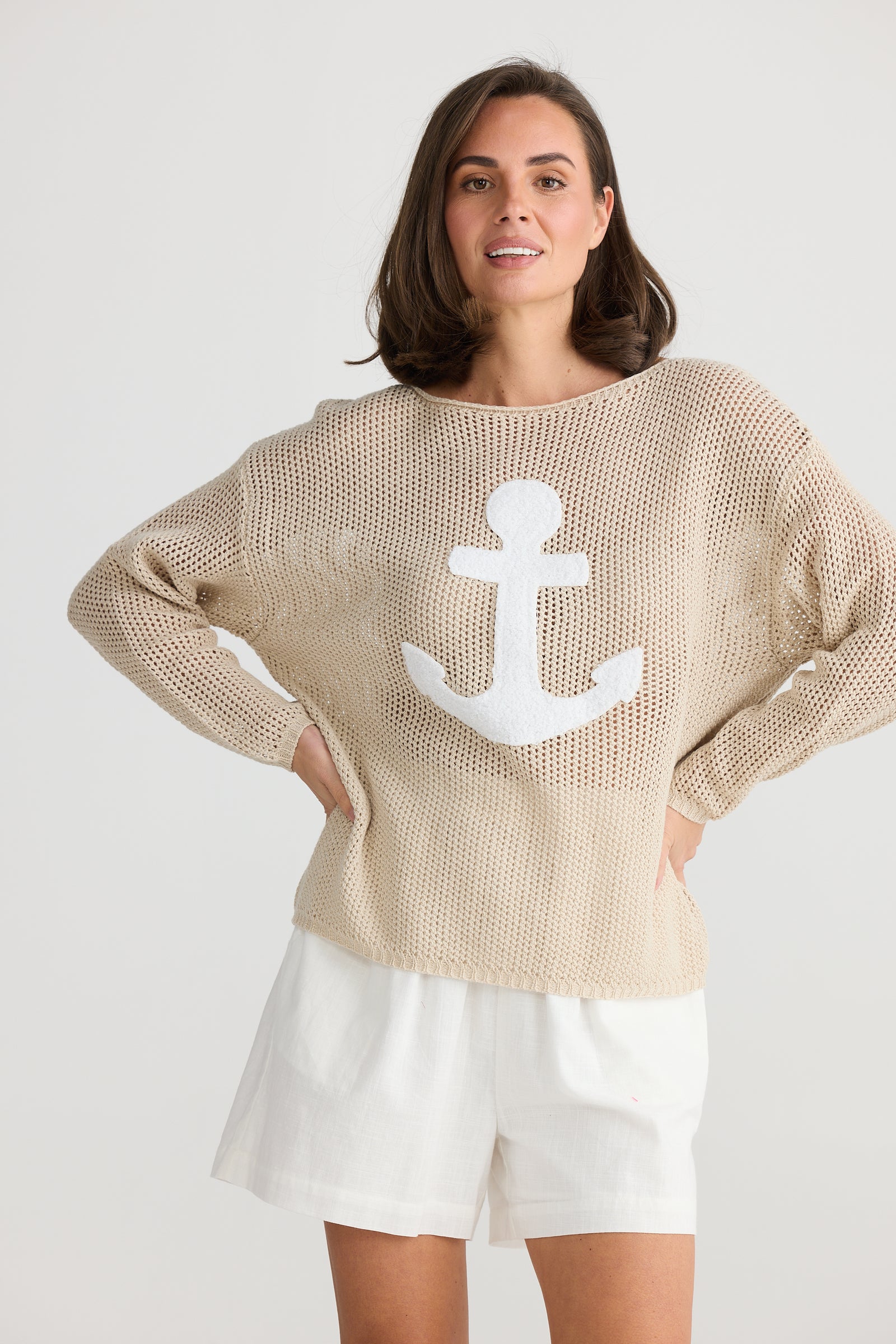 model wearing natural knit anchor long sleeve top by Holiday.