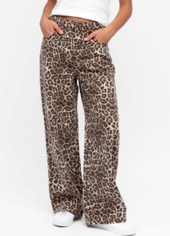 Leopard Print Denim Jeans for Women, button zip closure, full length, wide leg by Paper Heart Denim.