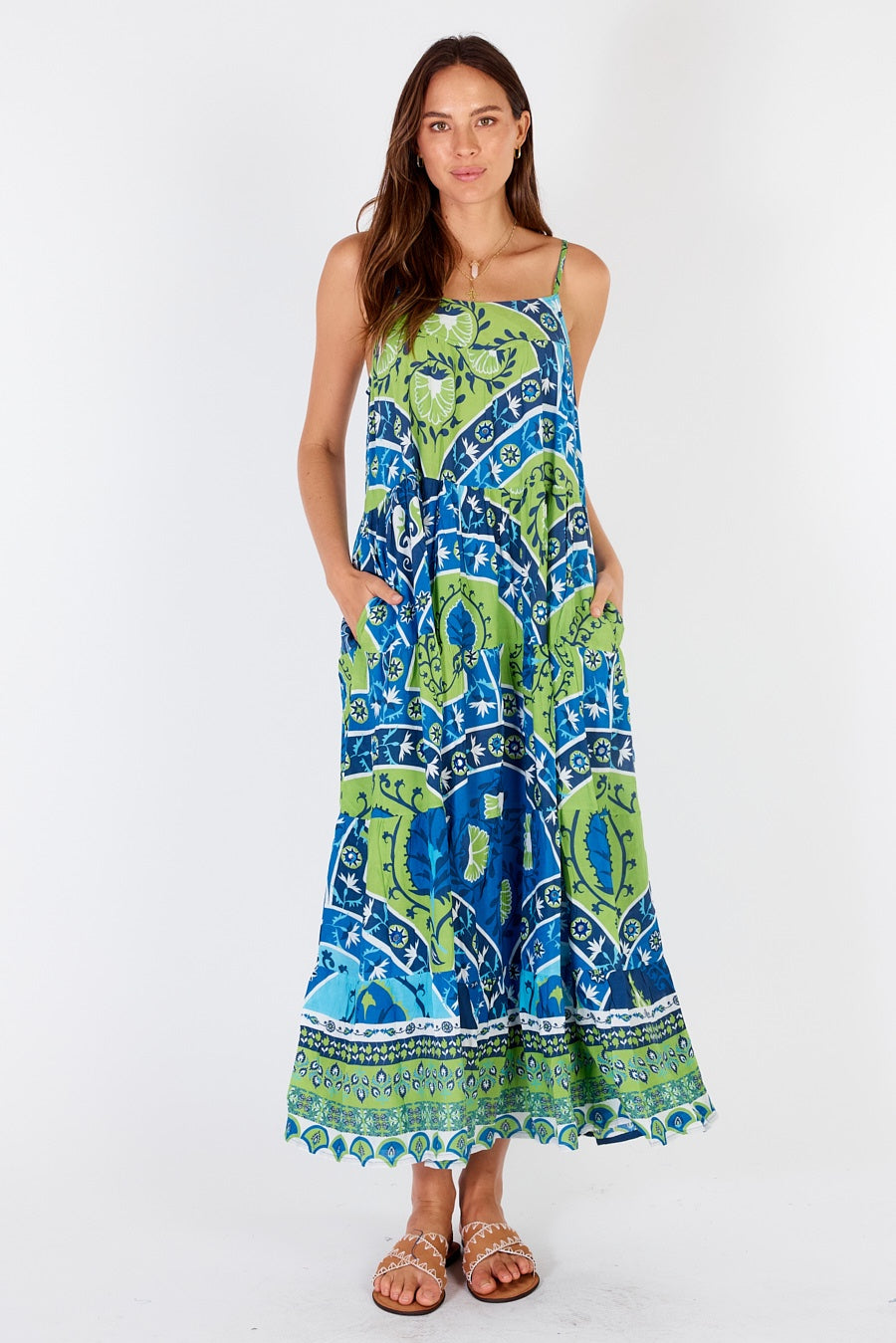 Rubyyaya&#39;s Ariba Maxi Sundress in Navy a blue and green leafy - fruit print with a patchwork feel to it. 