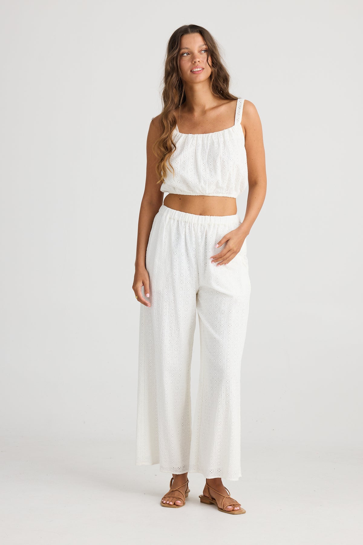 Talisman Isla Relaxed Cotton Pant in White Broderie.