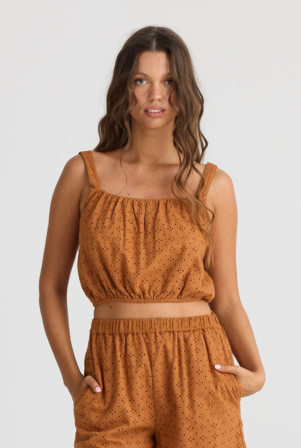 Talisman Isla Crop Top in Tan Broderie with thin straps and an elasticated waist.