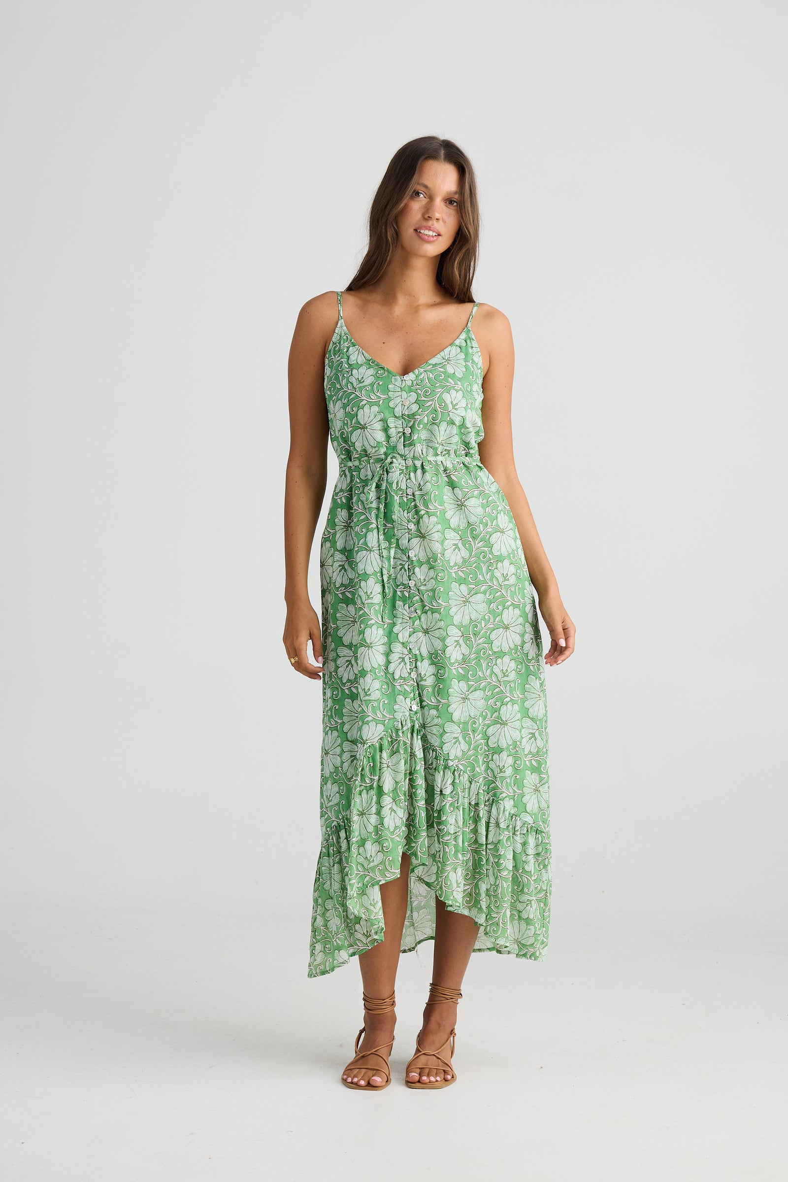 Talisman Oasis Midi Dress in Apple Blossom Green and White flowers.