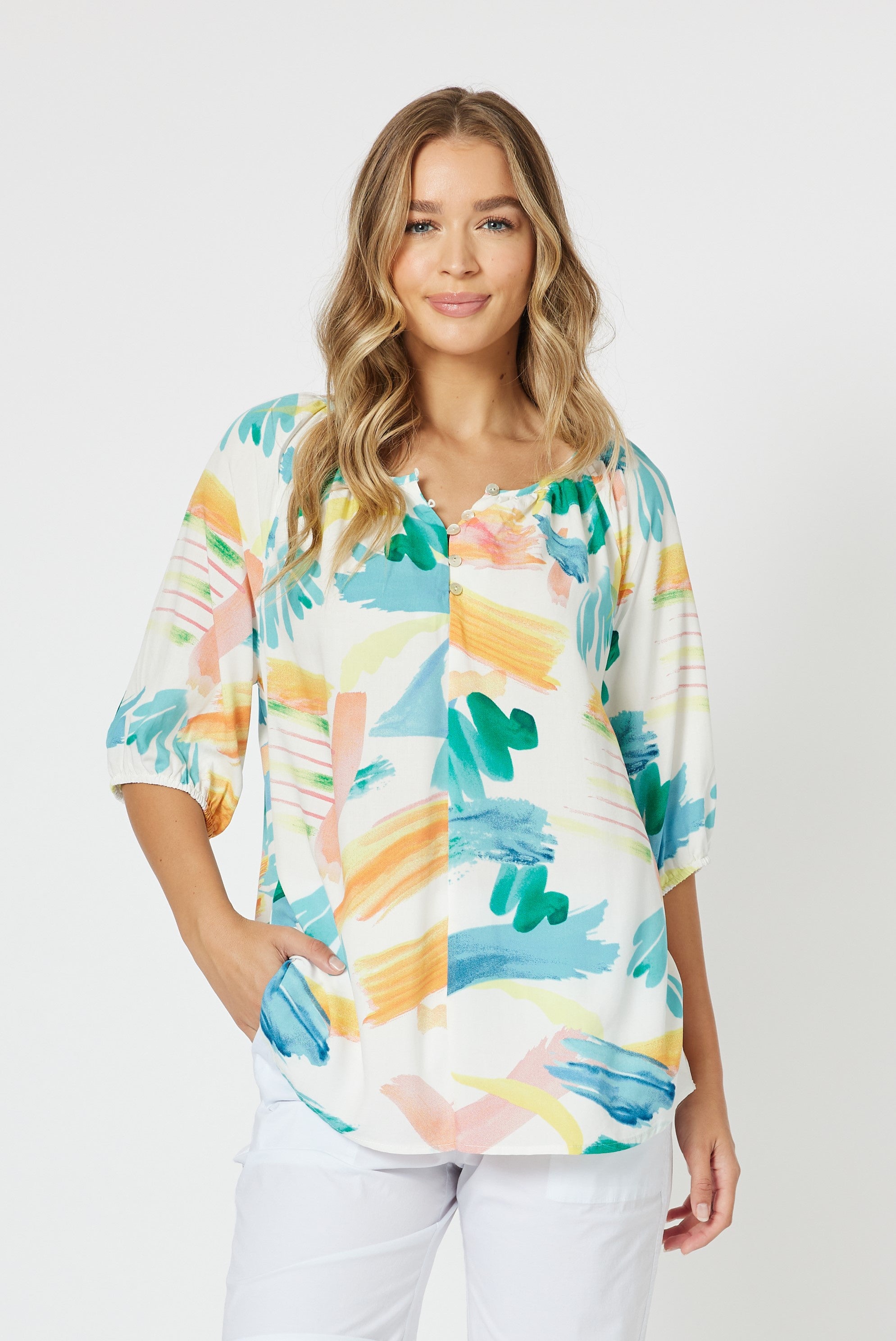 Threadz Brighton Tunic Top  in Gelato a multi blue, green, orange, pink in a paint brush style print. 