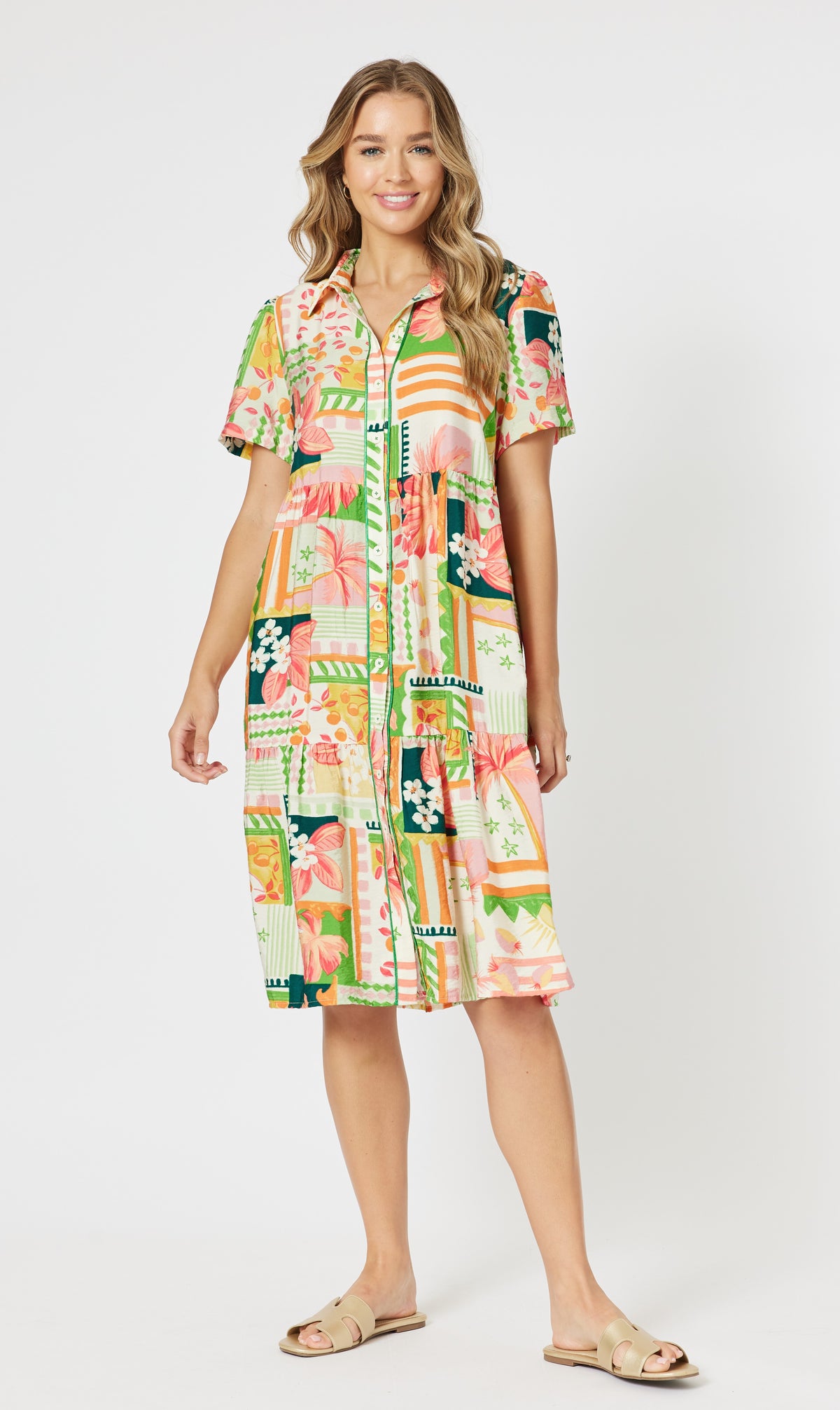 Cancun Button Front Midi Shirt Dress in Multi By Threadz.