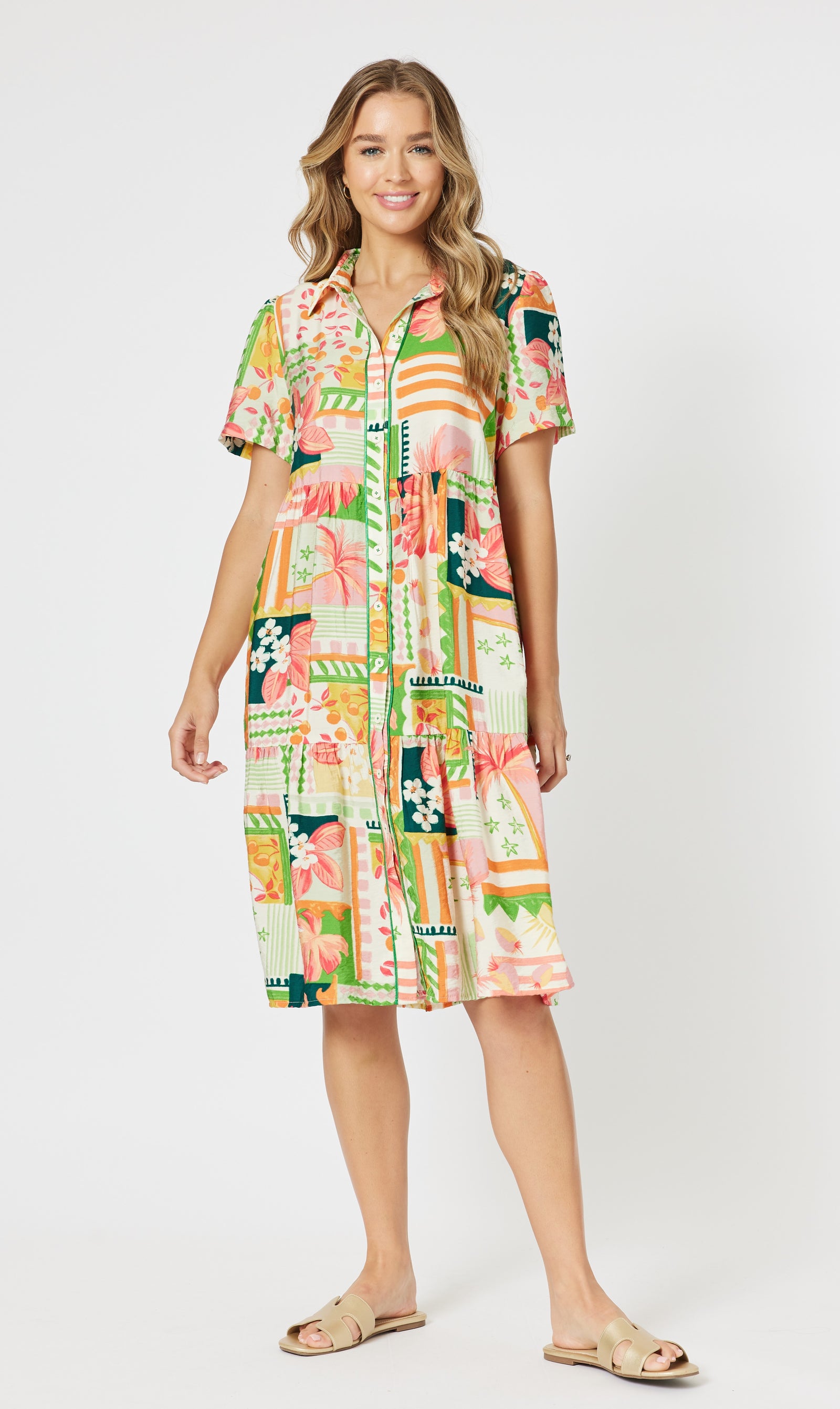 Cancun Button Front Midi Shirt Dress in Multi By Threadz.