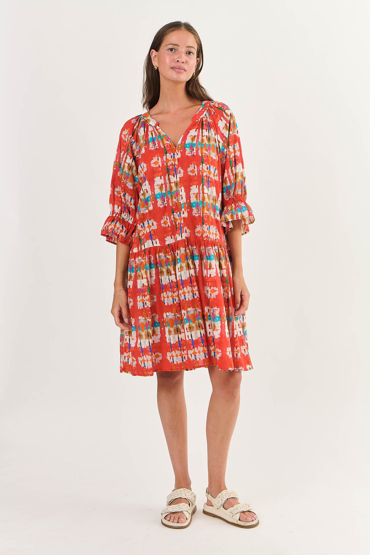 Cotton V-Neck Drop Waist Midi Dress in tutti frutti by Namastai.