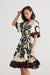 White, Black, Yellow and brown floral geometric Print Floss Midi Dress by Holiday Clothing. 