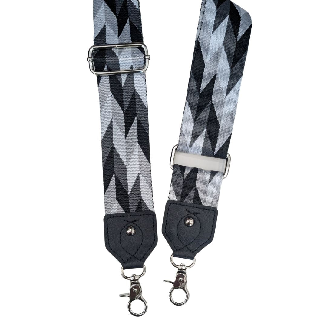 Adjustable Monochrome Bag Strap with Silver Coloured hardware.