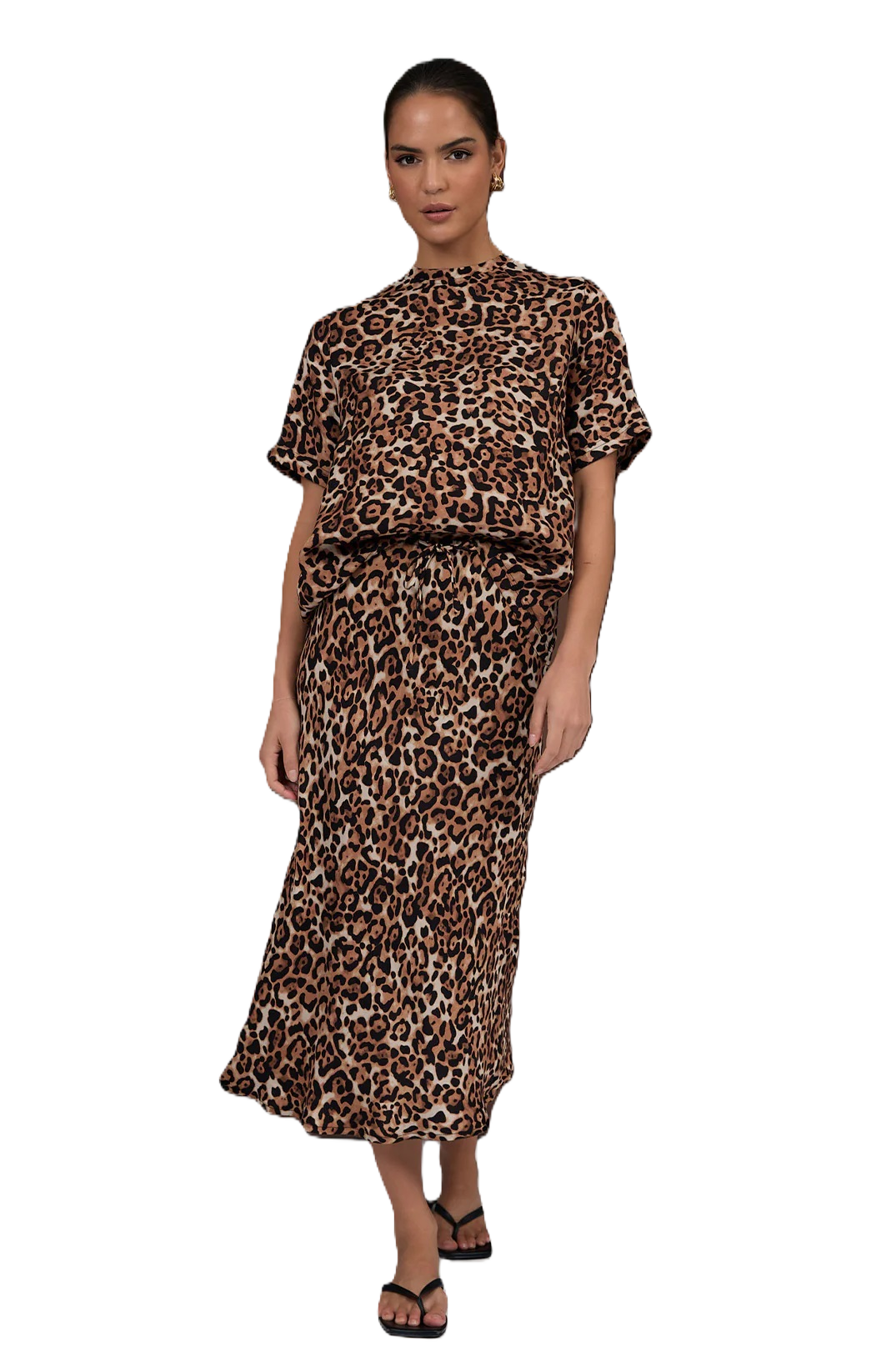 Adorne Mae Lux Leopard Print Cupro Midi Skirt with tie waist.