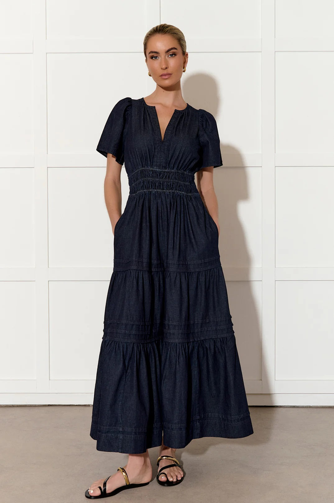 Adorne Eliana light weight denim maxi dress in dark blue.