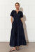 Adorne Eliana light weight denim maxi dress in dark blue.