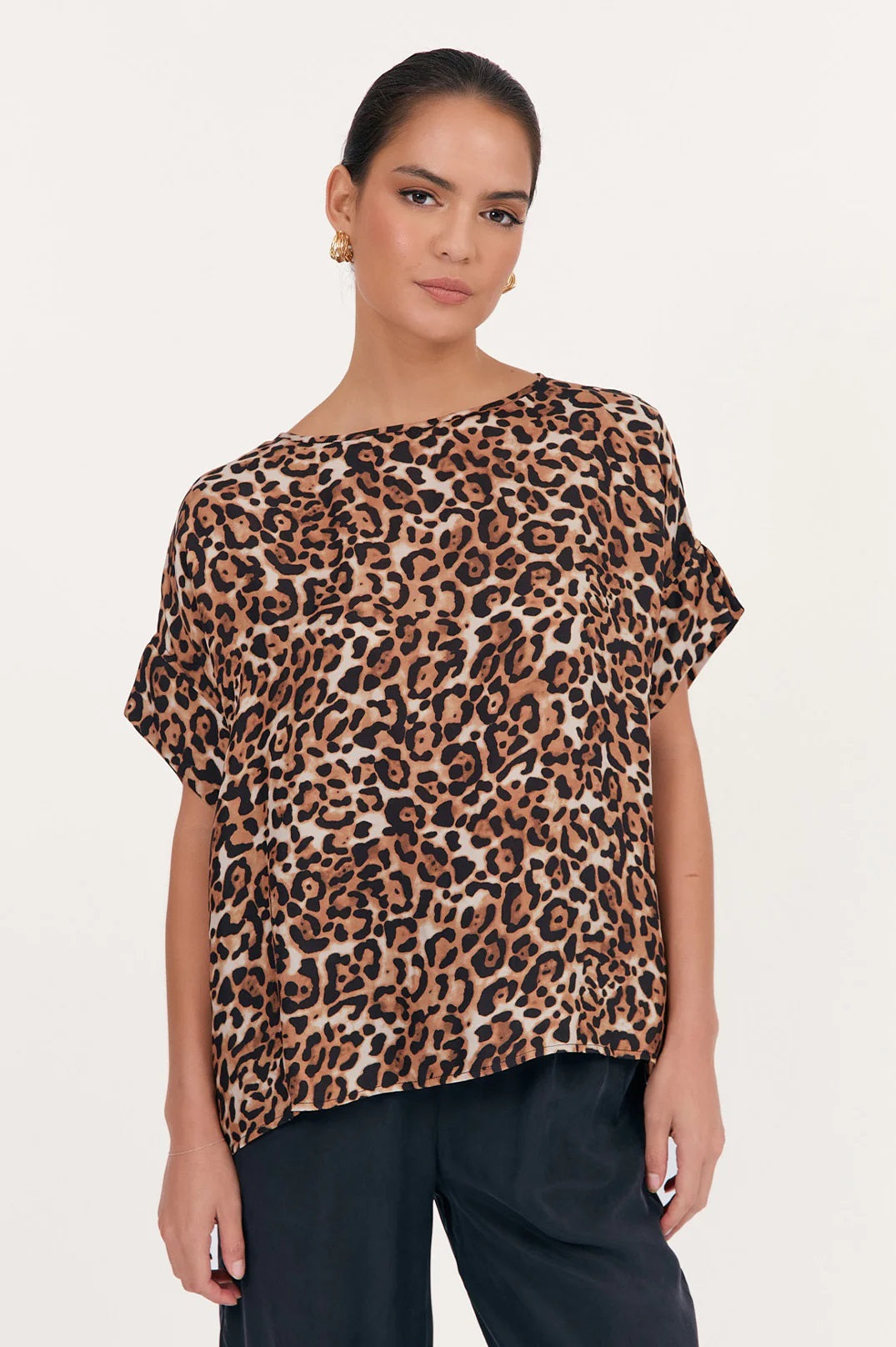 Adorne&#39;s Great Luxe Leopard Cupro Top with short sleeves and relaxed fit.