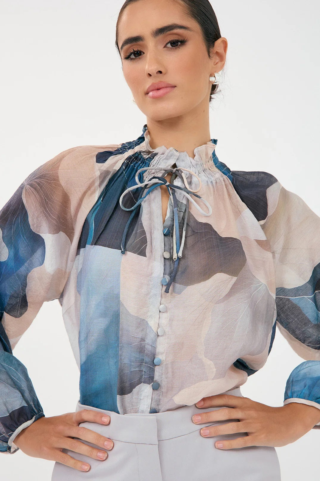 Adorne's Opal Printed  Long Sleeve Shirt in Blue and Cream. 