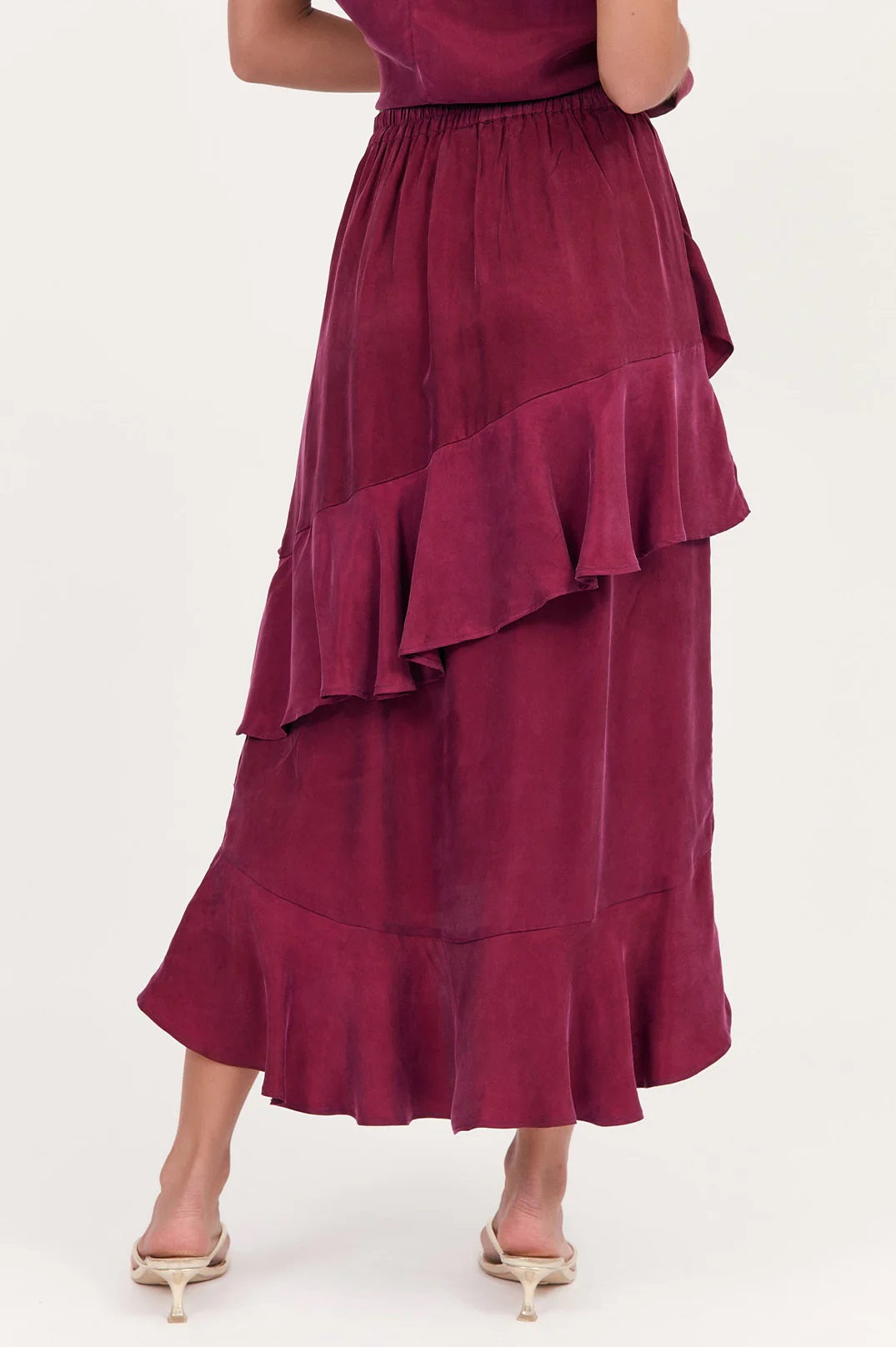 Back View of the burgundy / wine/pink/red ruffle frill skirt by Adorne.