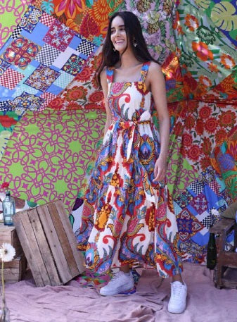 Sleeveless Andi maxi dress in ethnic a paisley multi maxi dress in blue, white, yellow and red by Maude Vivante.