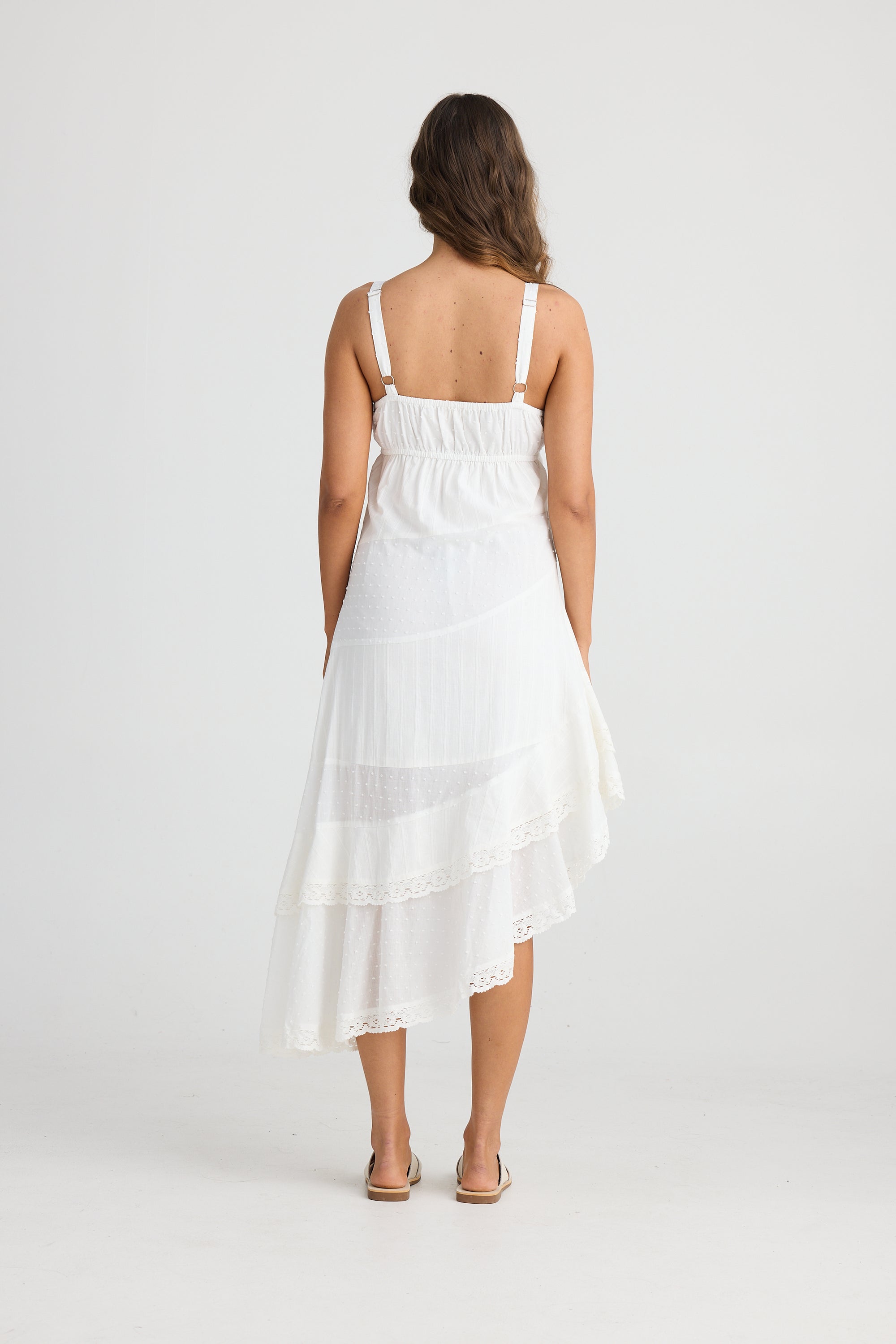 Cotton Dobby Anita Midi Dress with lace panels diagonal stripe with straps by Talisman.