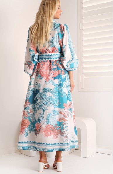 Back of Teal Doll Maxi Shirt Dress in Teal Blue, Pink and White floral print with fabric belt and cotton lining.